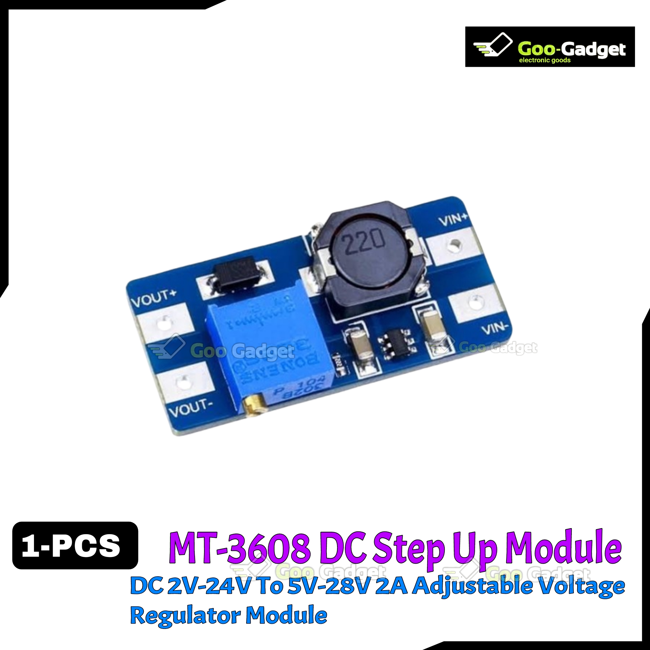 MT3608 DC-DC Step-Up Boost Converter Module | Adjustable 2V-24V to 5V-28V, 2A Voltage Regulator