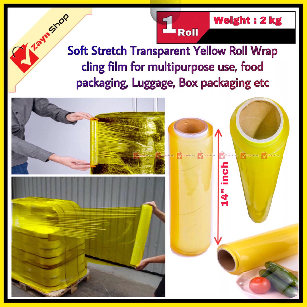 Poly Roll Yellow 14 inch 2 Kg Plastic Soft Stretch Yellow Wrapping Strong Stretch Wrap Cling Film for Food Packing / Luggage Packing / Box Wrapping etc 1 Roll_img_0