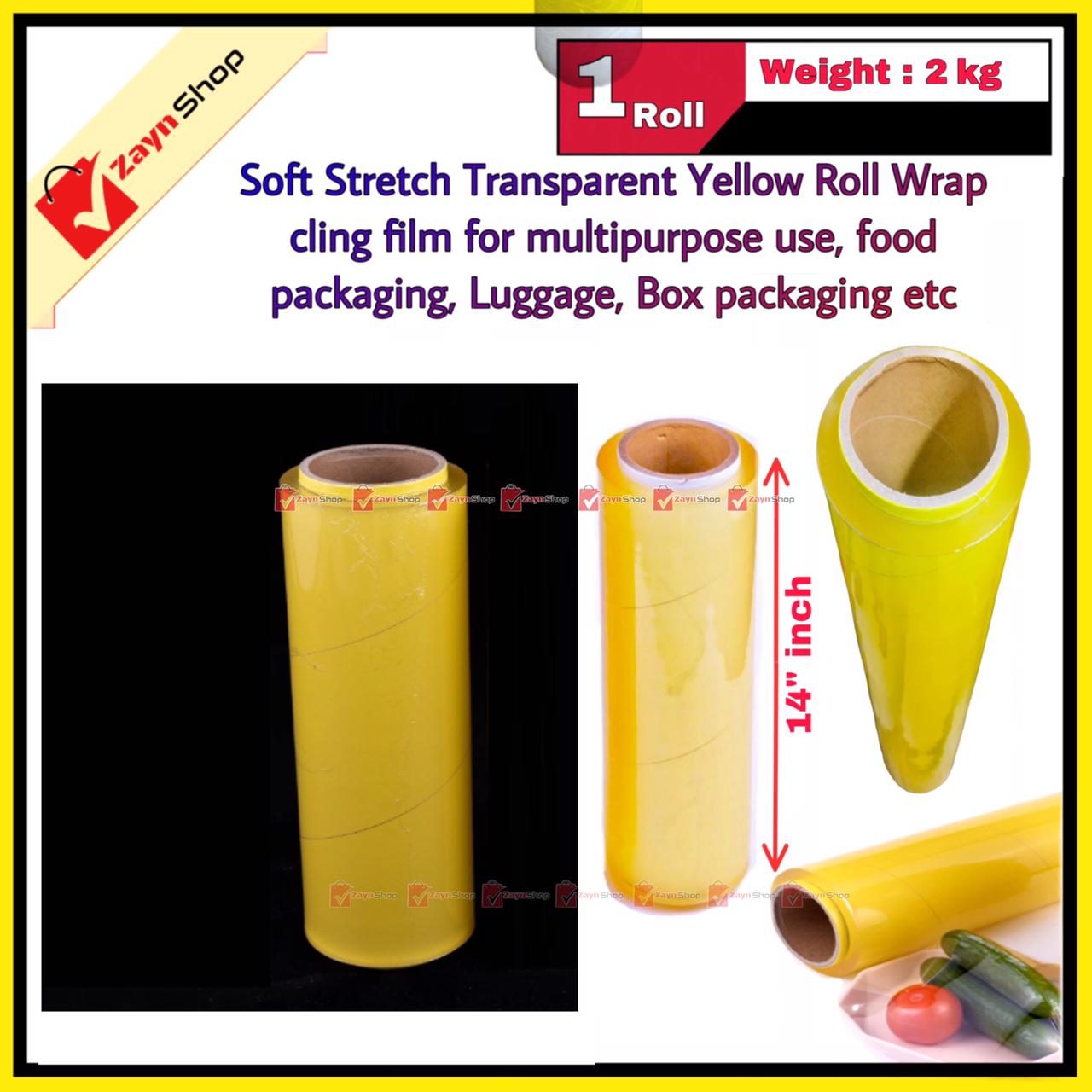 Poly Roll Yellow 14 inch 2 Kg Plastic Soft Stretch Yellow Wrapping Strong Stretch Wrap Cling Film for Food Packing / Luggage Packing / Box Wrapping etc 1 Roll_img_1