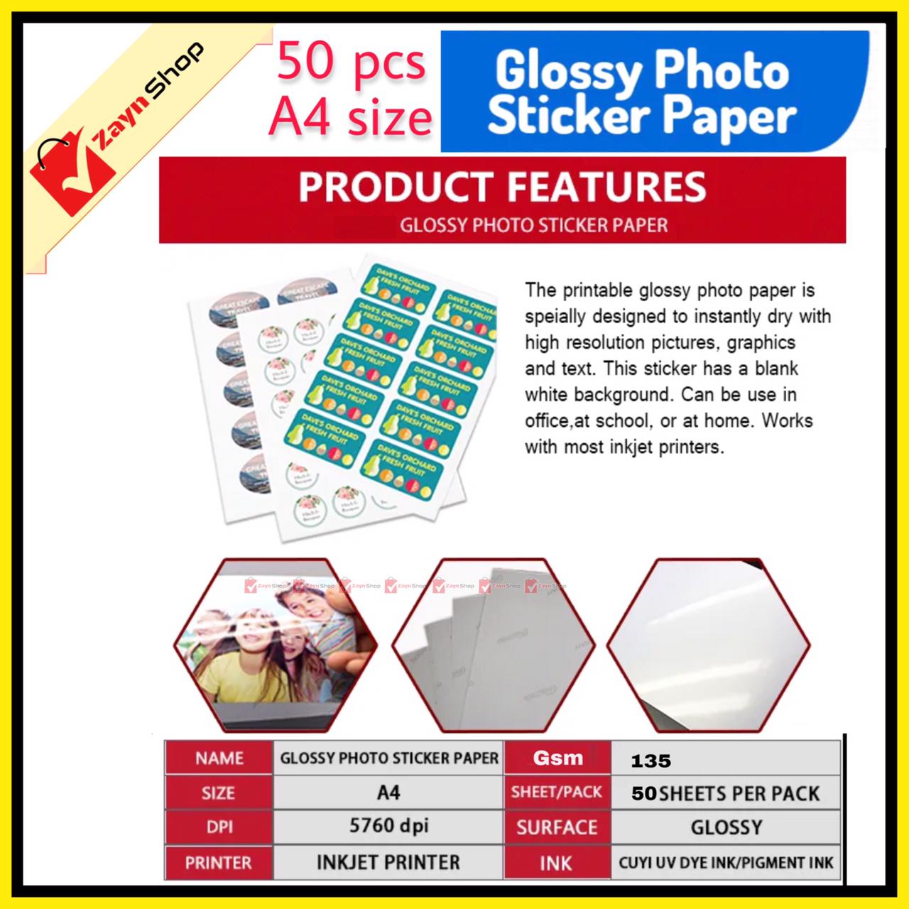 Sticker Photo Paper Glossy Self Adhesive A4 size 135gsm Pack of 50 Pcs for Inkjet printer_img_2