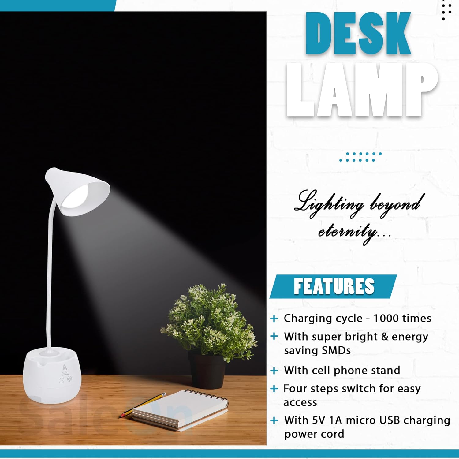 360 Degree Flexible Desk Lamp withNight Lamp, Advanced Pen and Mobile Holder Design Modern Touch Switch Rechargeable Table Lamp Eye Care Reading Study Bed Side, Office Use, Home Decor All in One Table Lamp Study Lamp_img_1