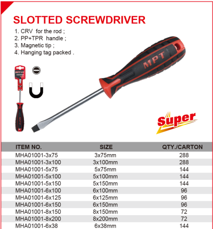MPT Screwdriver, Flat, Cr-V, Slotted ( 3x75 | 3x100 | 5x75 | 5x100 | 5x150 | 6x38 | 6x100 | 6x125 | 6x150 | 8x150 | 8x200mm ) MHA01001_img_12