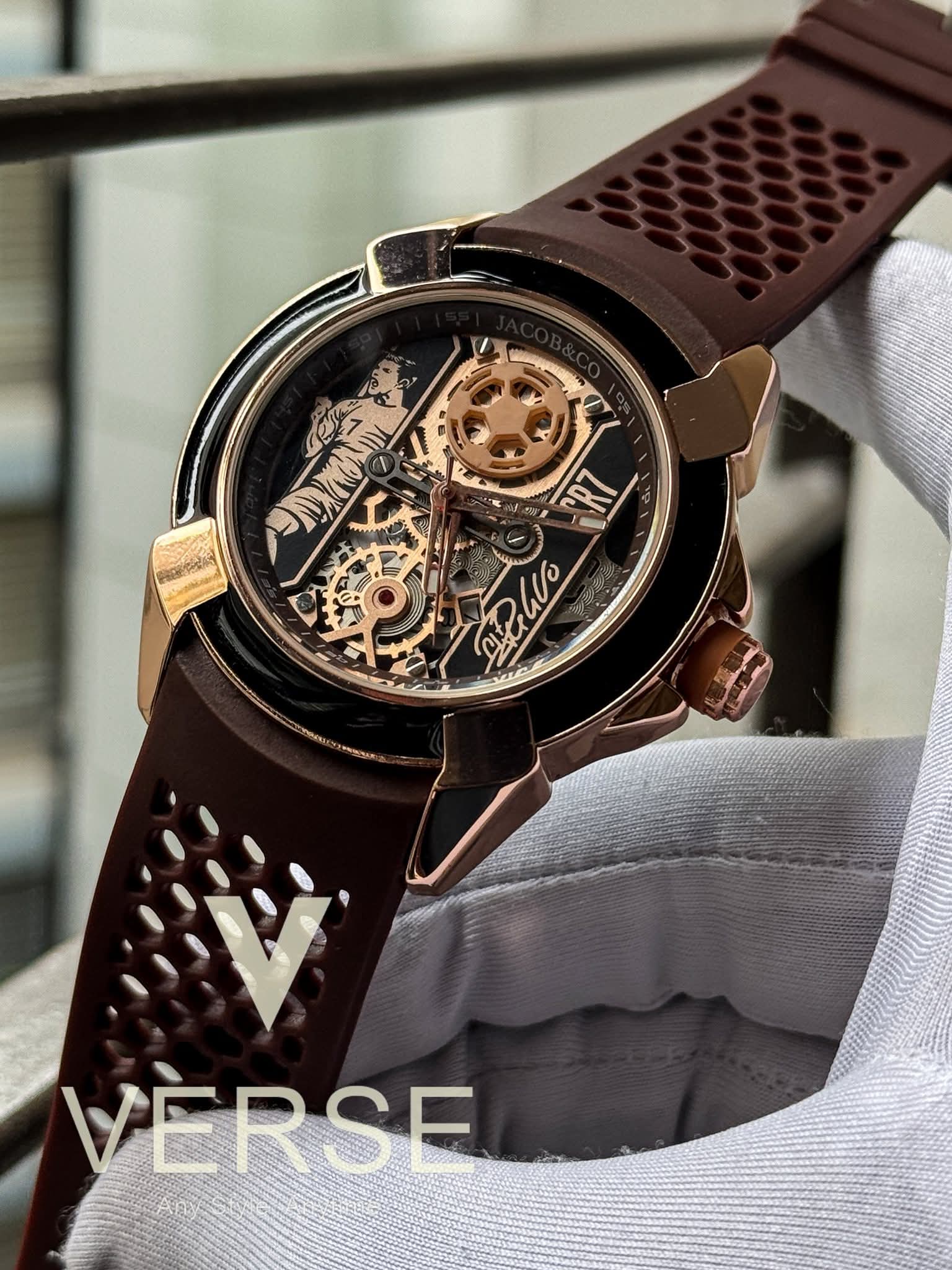 Jacob & Co cr7 quatrz sweep rose gold case brown belt