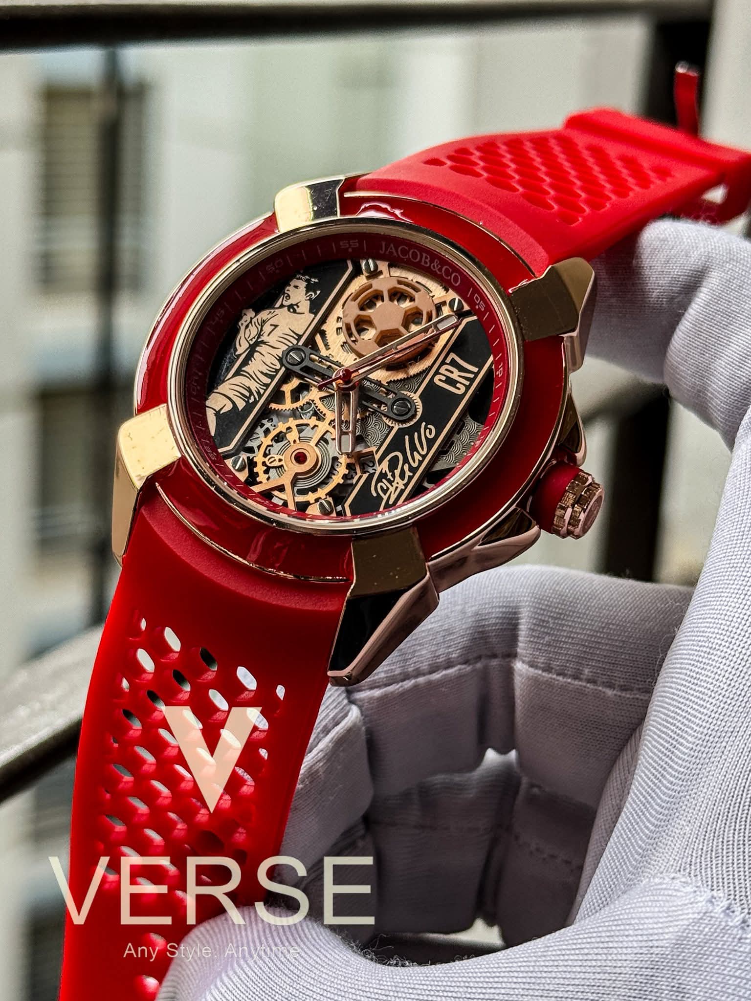 Jacob & Co cr7 quatrz sweep rose gold case red belt