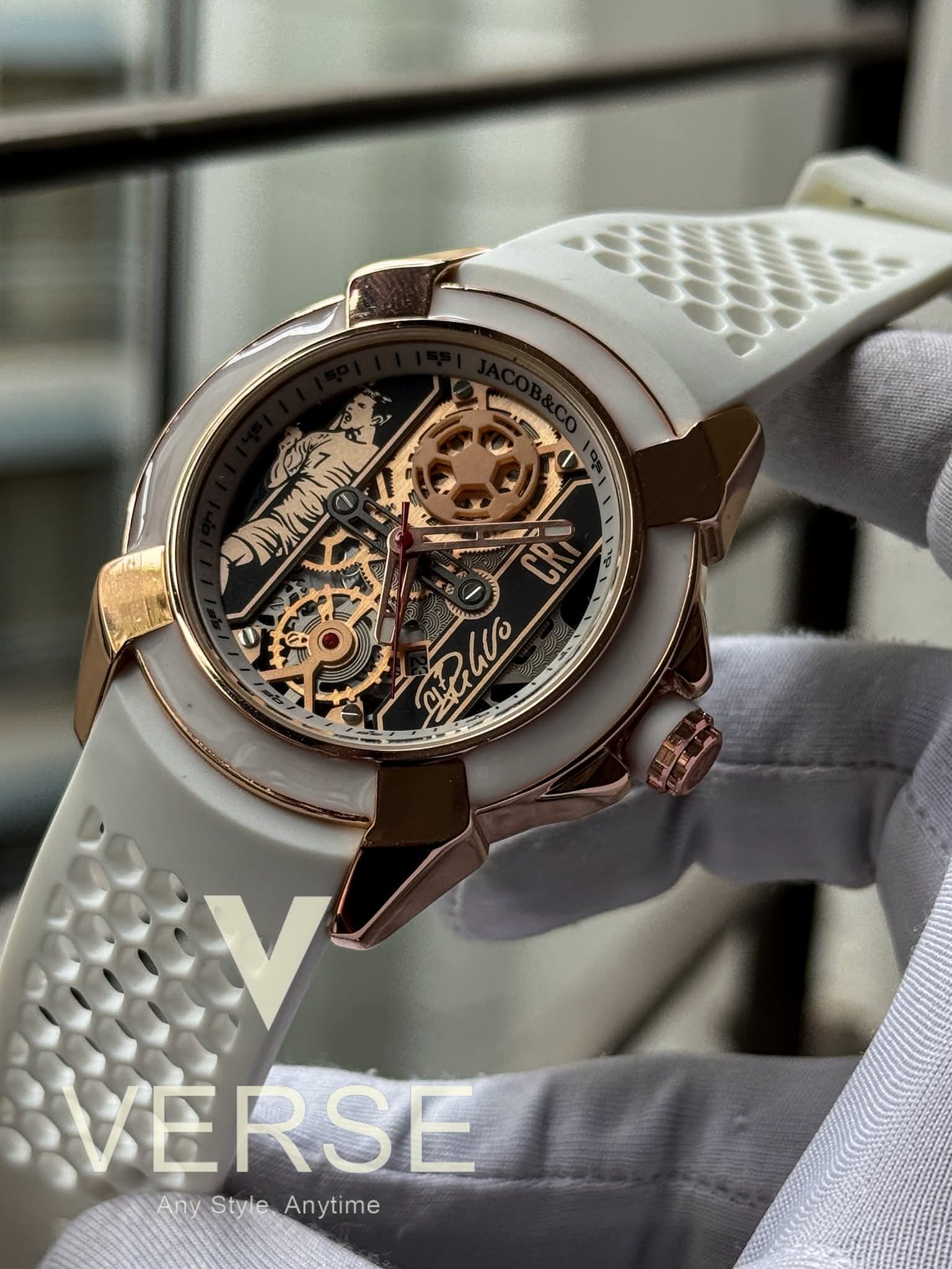 Jacob & Co cr7 quatrz sweep rose gold case white belt