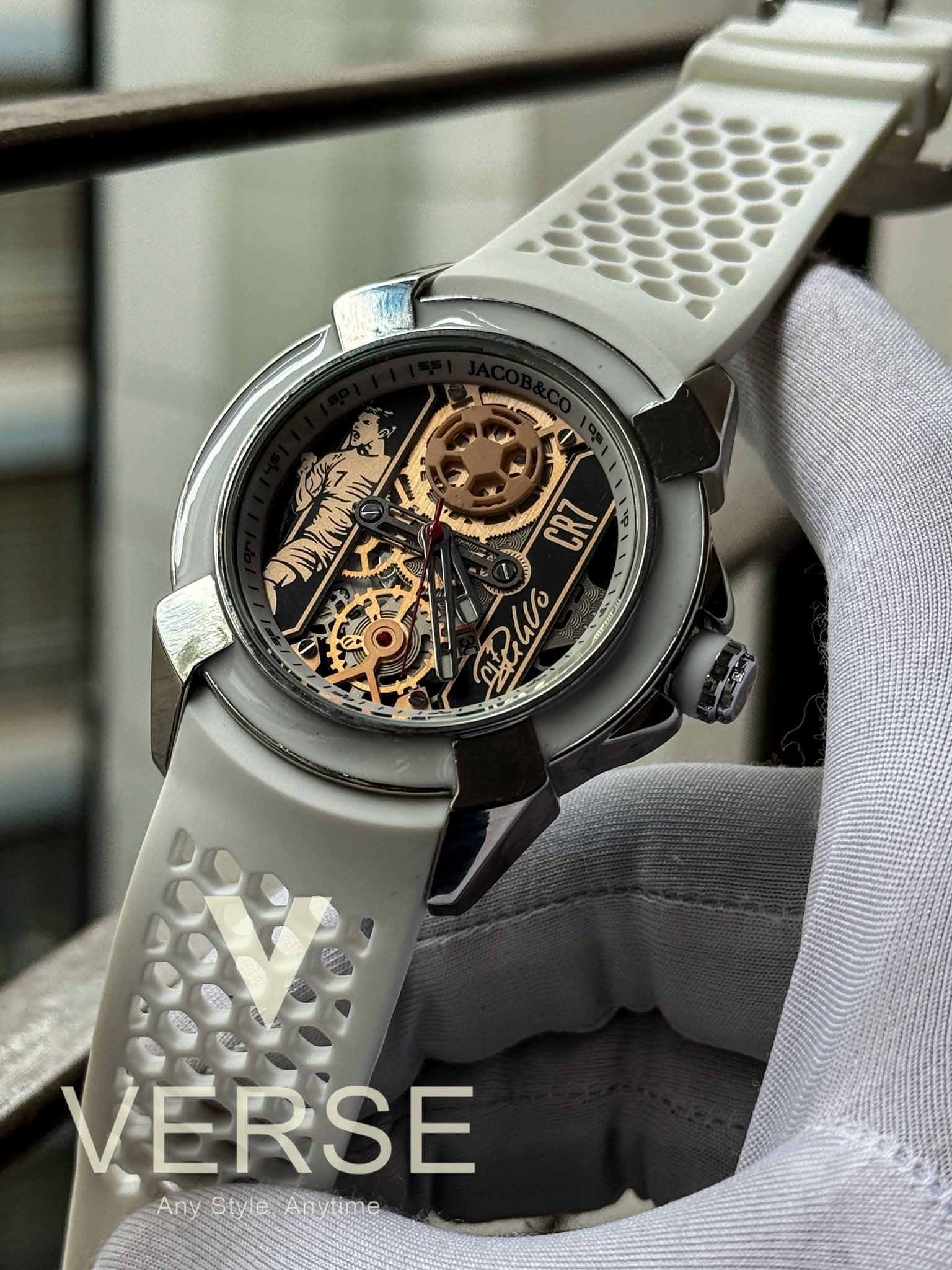 Jacob & Co cr7 quatrz sweep silver case white belt