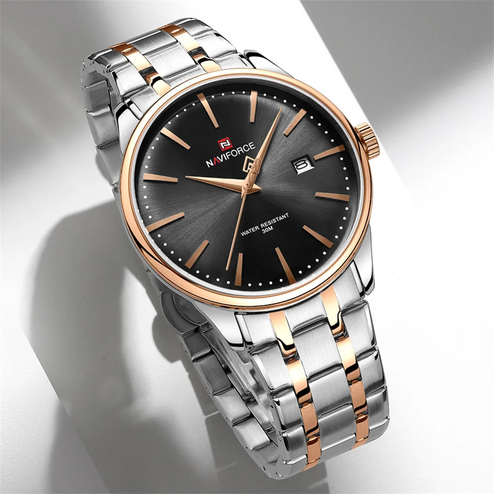 Naviforce 9230 Gents Chain Watch- Black Dial- Rose Golden Bezel- Silver+Rose Golden Chain- TF Code NF979CM_img_1
