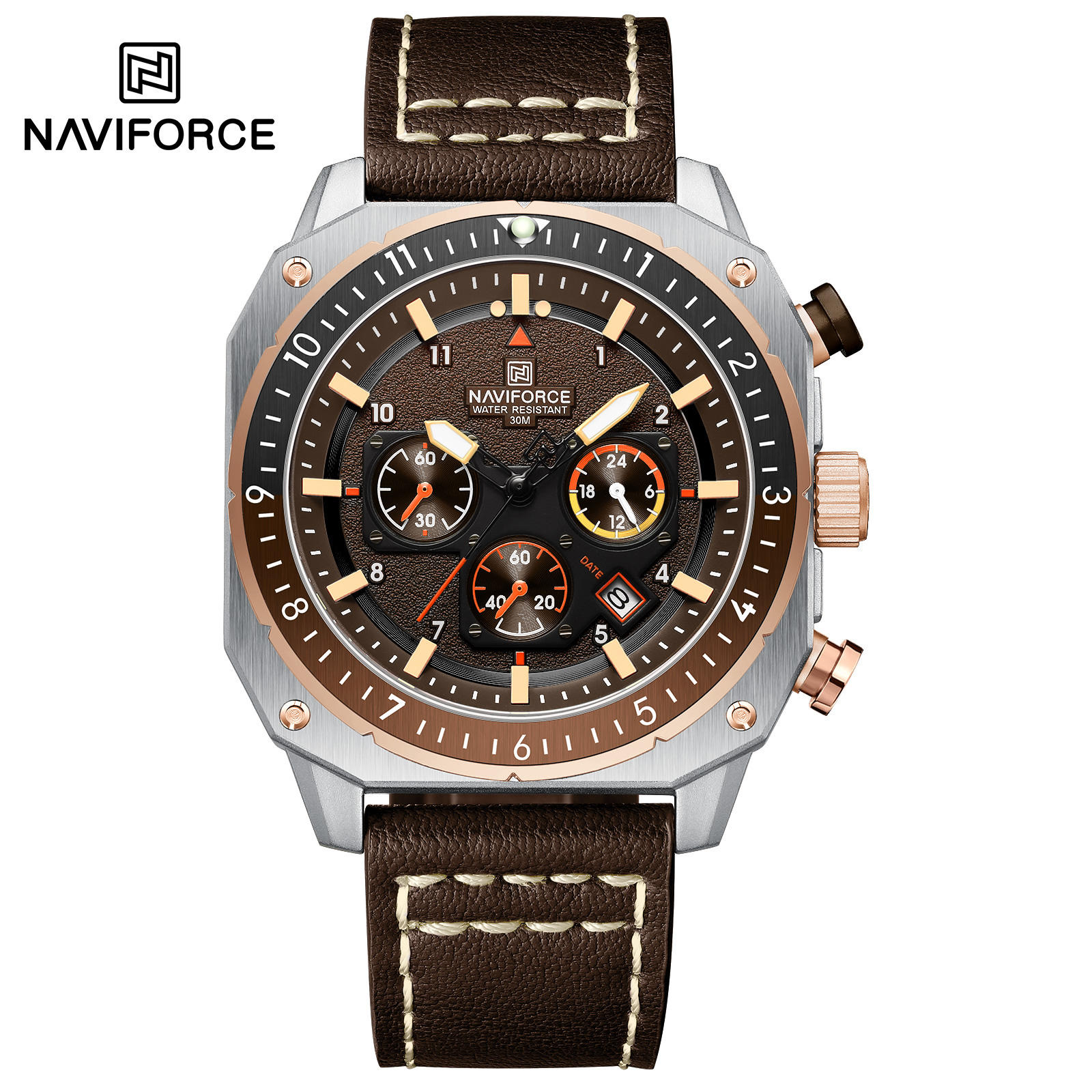 Naviforce 8057 Gents Belt Watch- Brown Dial- Silver Bezel- Brown Belt- TF Code NF998BM_img_0