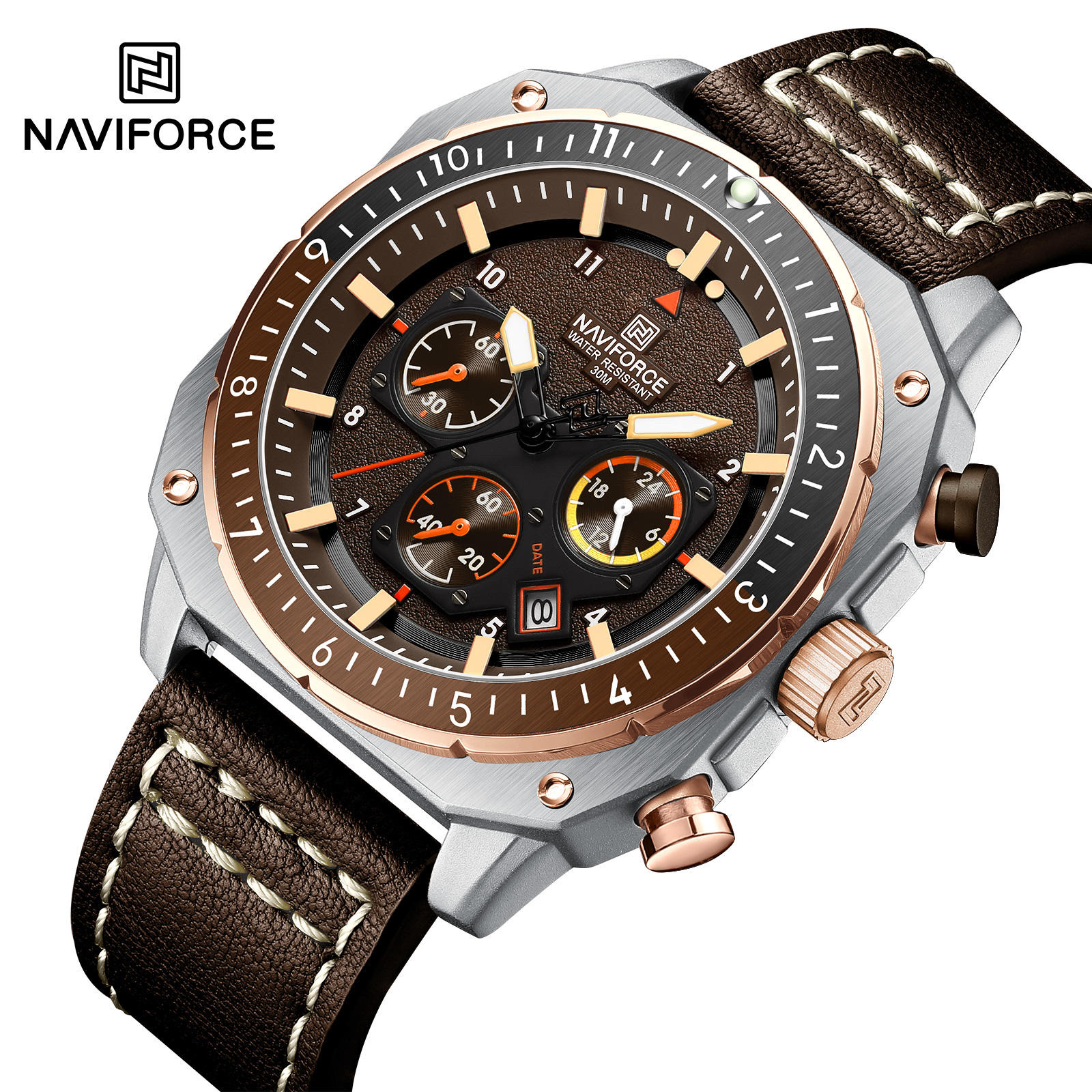 Naviforce 8057 Gents Belt Watch- Brown Dial- Silver Bezel- Brown Belt- TF Code NF998BM_img_1