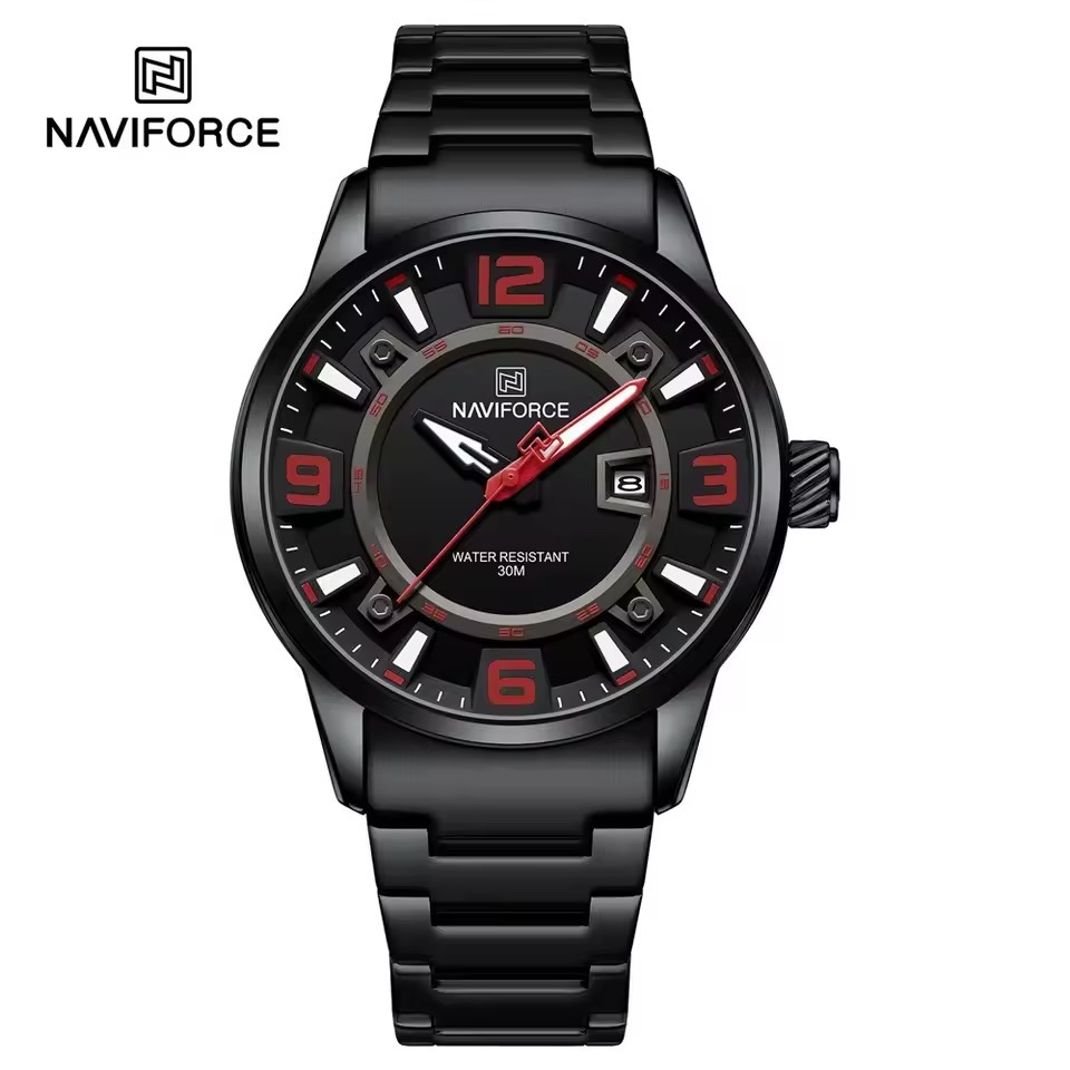 Naviforce 8044 Gents Chain Watch - Black Dial with Red Marking- Black Bezel- Black Chain- TF Code NF980CM_img_0