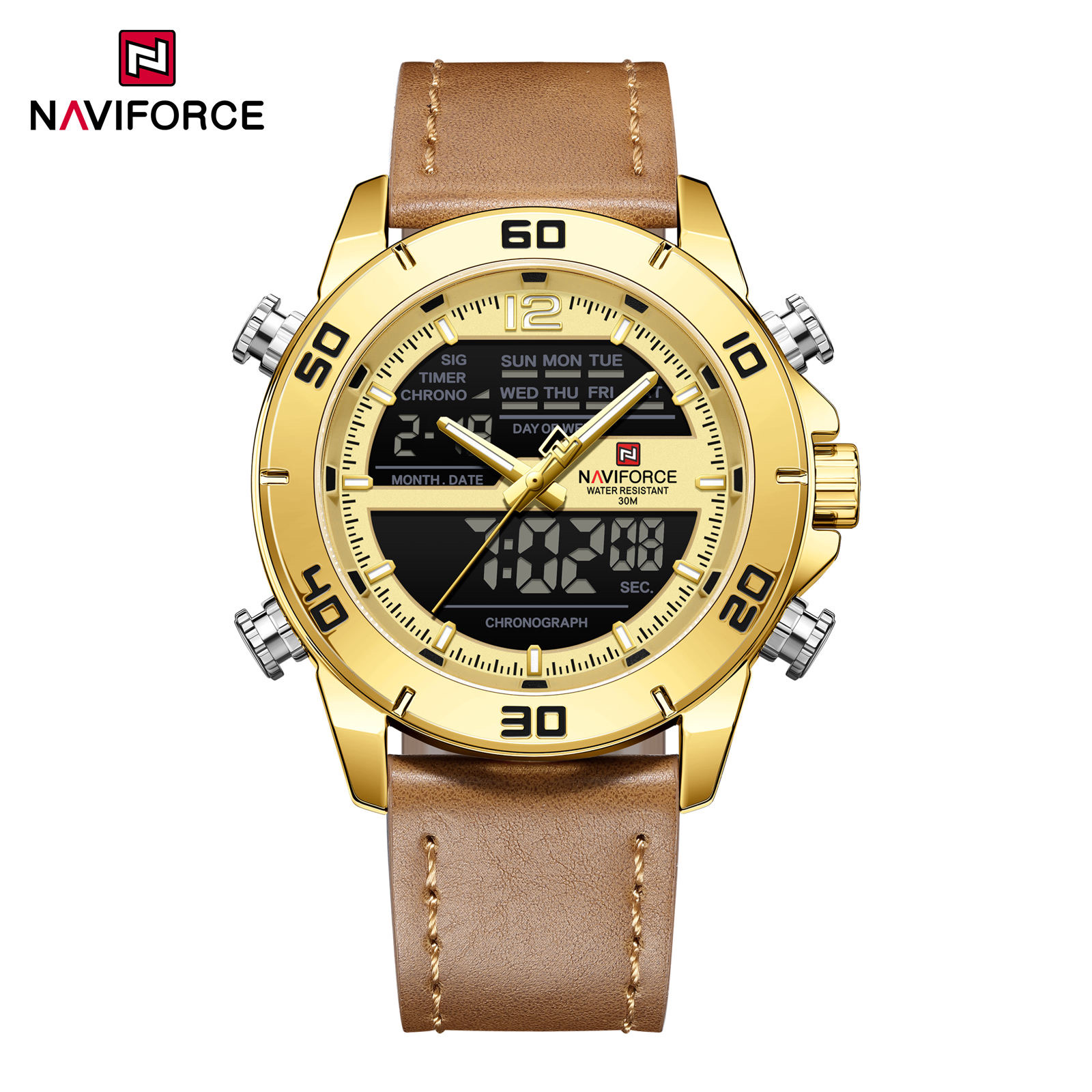 Naviforce 9253 Gents Belt Watch- Golden Dial- Golden Bezel- Brown Belt- TF Code NF996BM_img_0