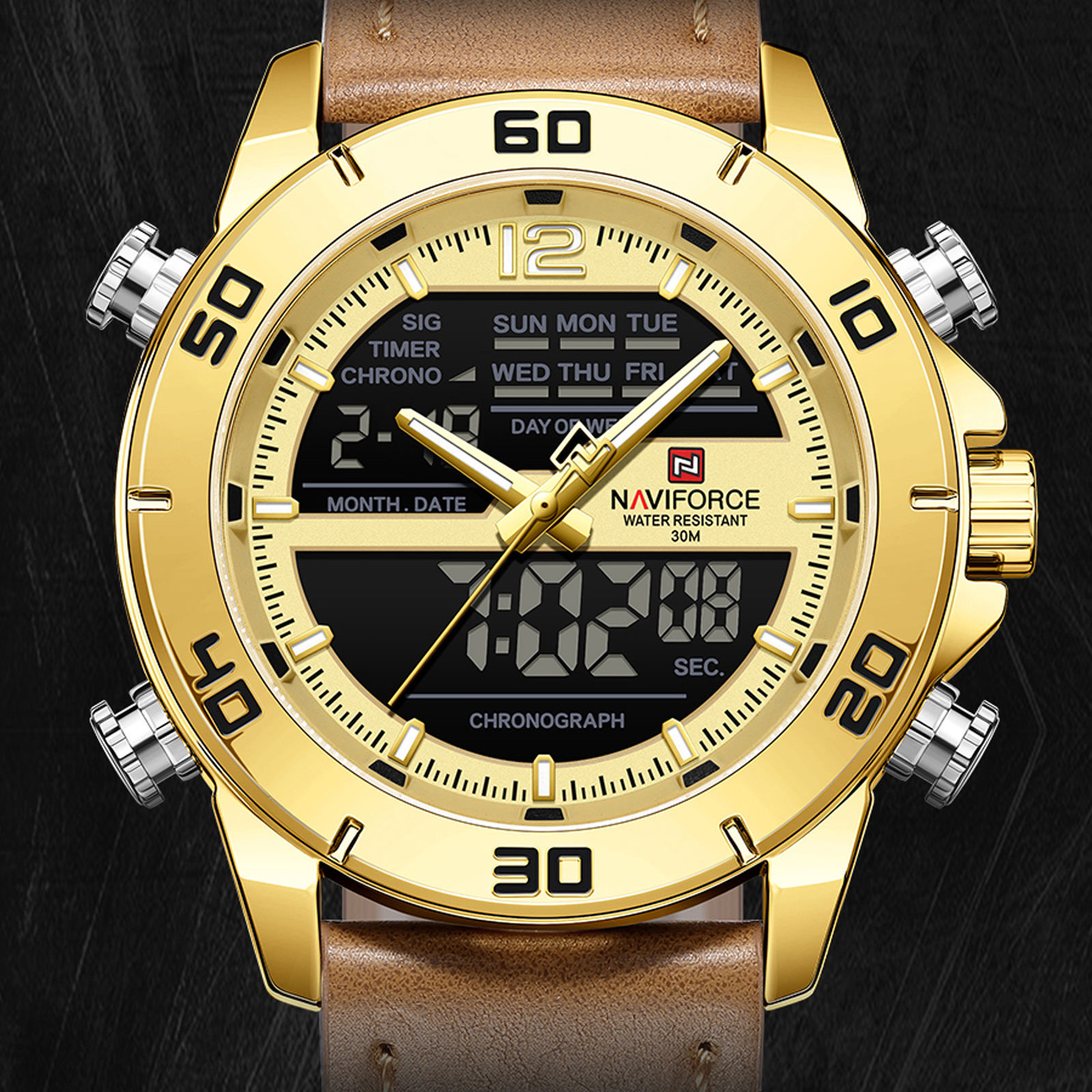 Naviforce 9253 Gents Belt Watch- Golden Dial- Golden Bezel- Brown Belt- TF Code NF996BM_img_1