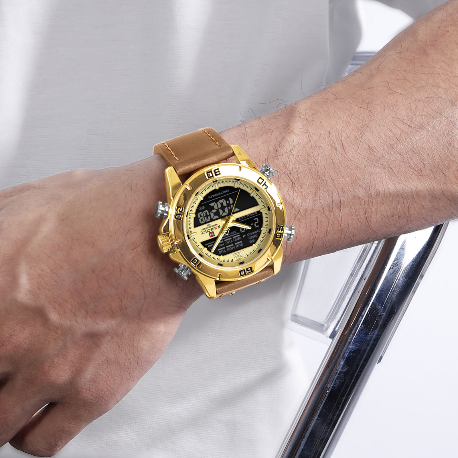 Naviforce 9253 Gents Belt Watch- Golden Dial- Golden Bezel- Brown Belt- TF Code NF996BM_img_2