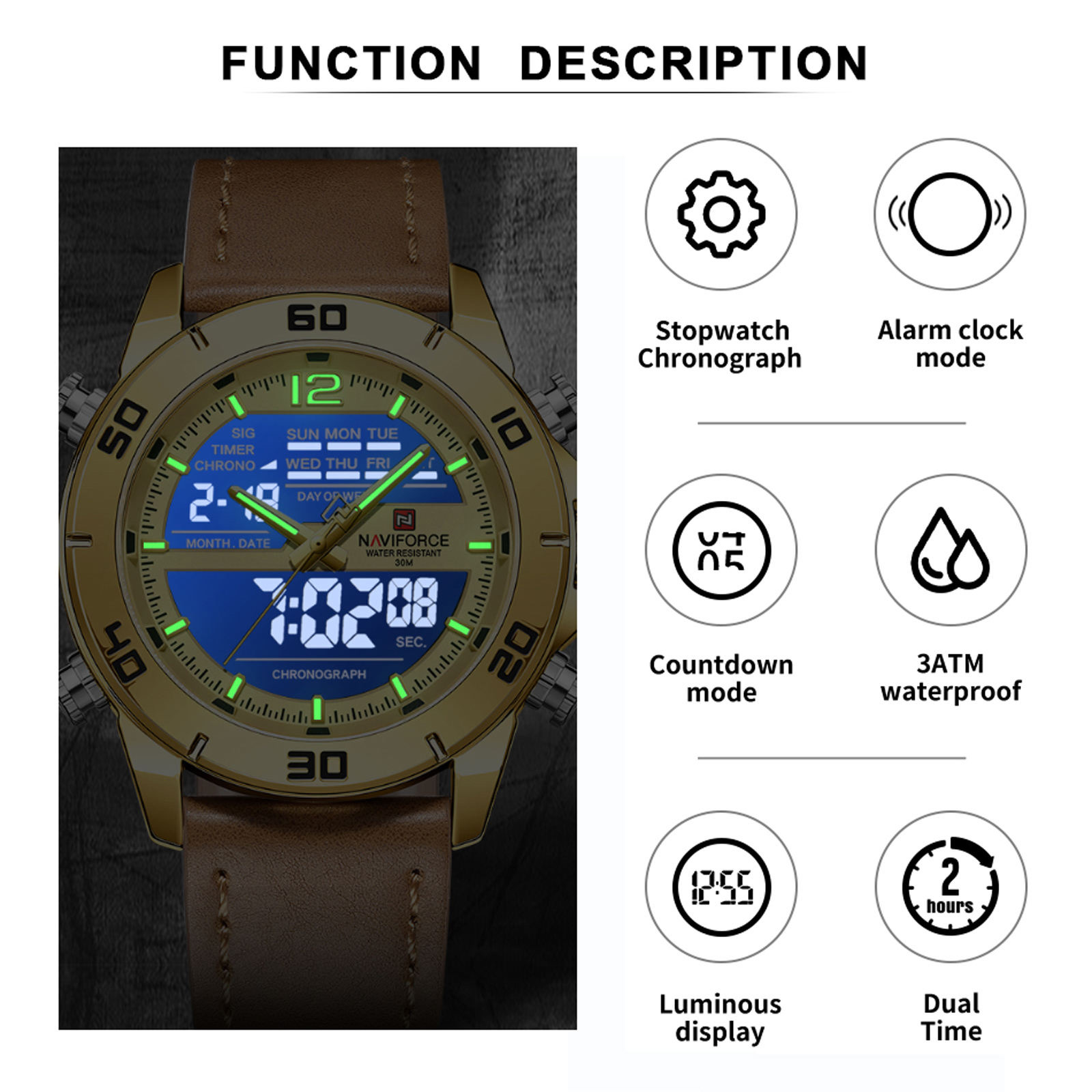 Naviforce 9253 Gents Belt Watch- Golden Dial- Golden Bezel- Brown Belt- TF Code NF996BM_img_8