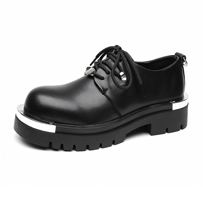 Men's Faux Leather Low-heeled Lace-up Breathable Square-toe Platform Shoes_img_4