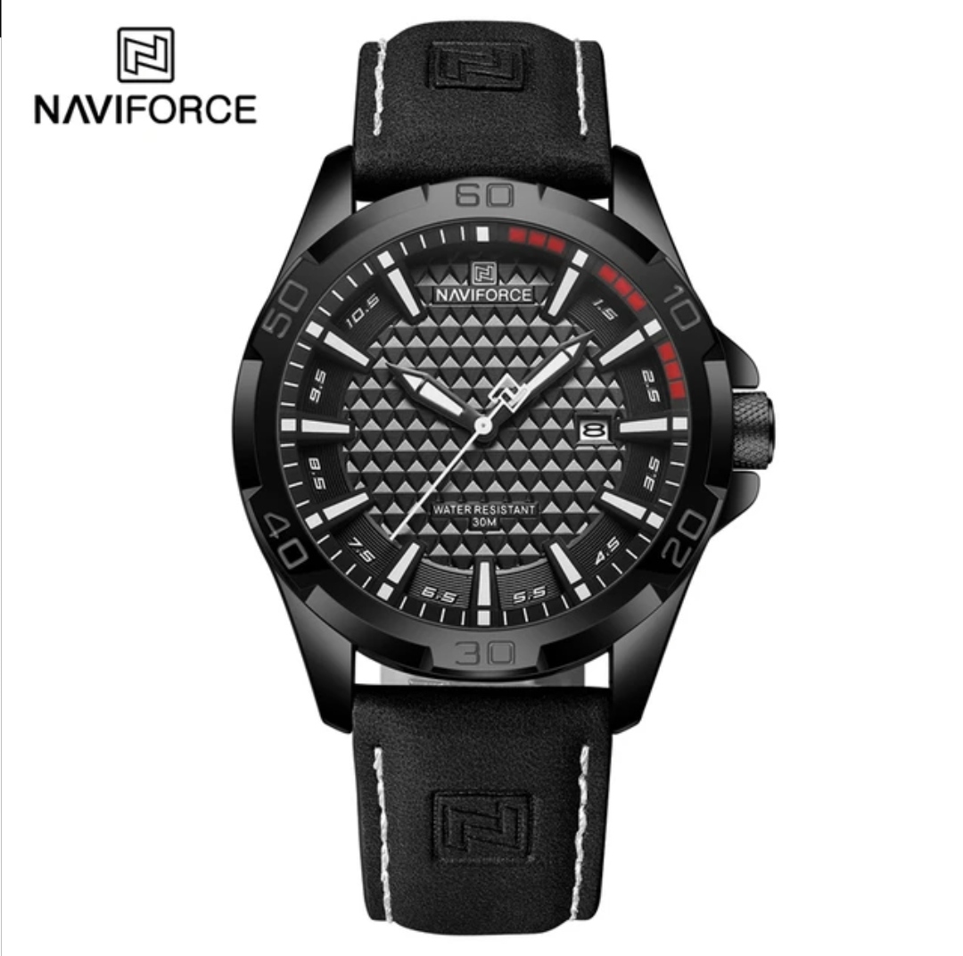Naviforce 8023 Gents Belt Watch- Black Dial with White Markings- Black Bezel- Black Belt- TF Code NF827BM_img_0