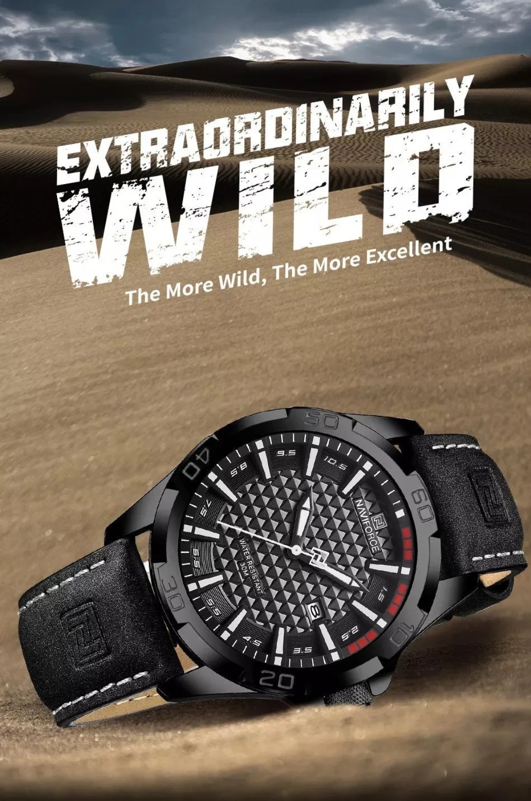 Naviforce 8023 Gents Belt Watch- Black Dial with White Markings- Black Bezel- Black Belt- TF Code NF827BM_img_1