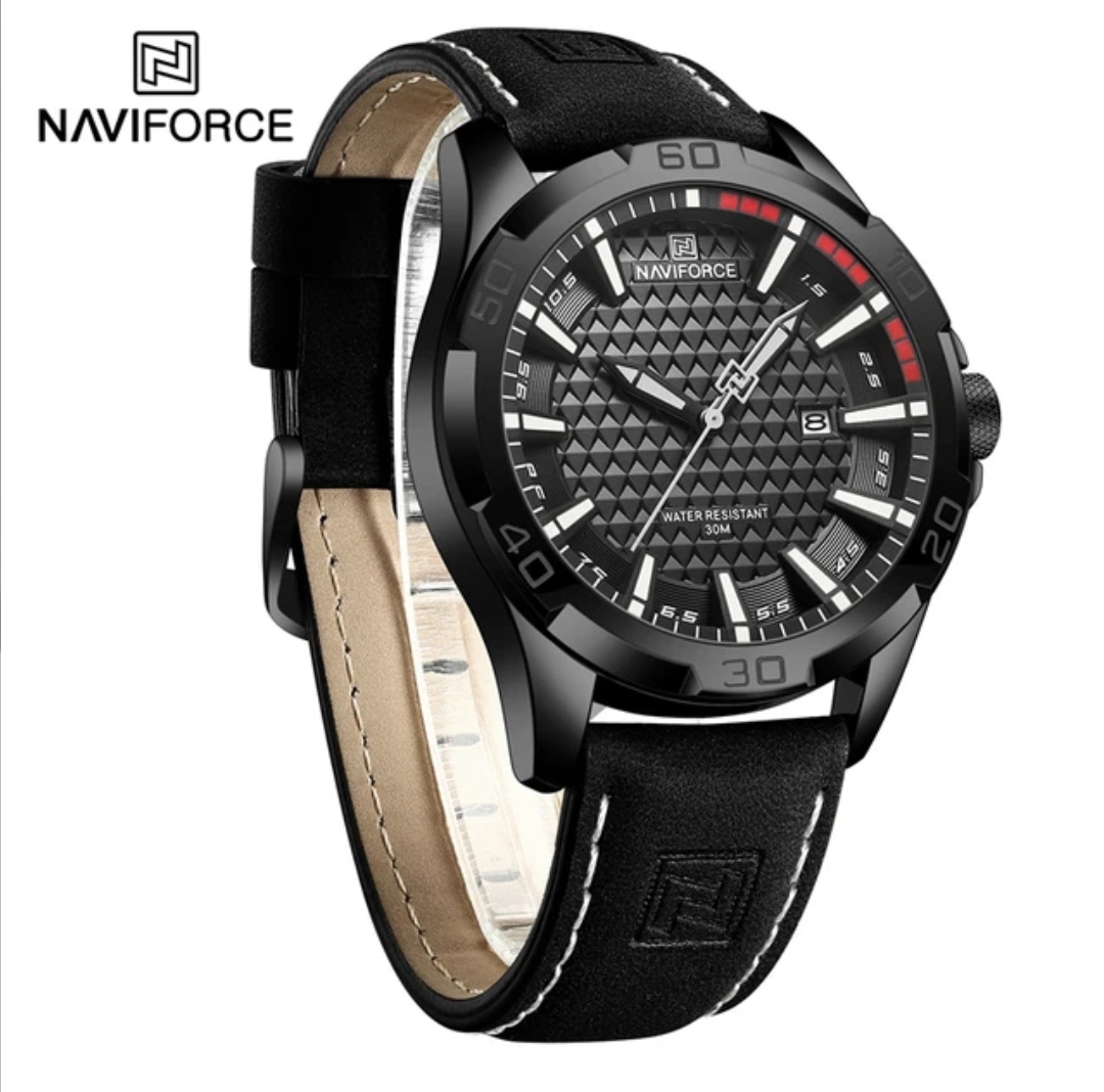 Naviforce 8023 Gents Belt Watch- Black Dial with White Markings- Black Bezel- Black Belt- TF Code NF827BM_img_2