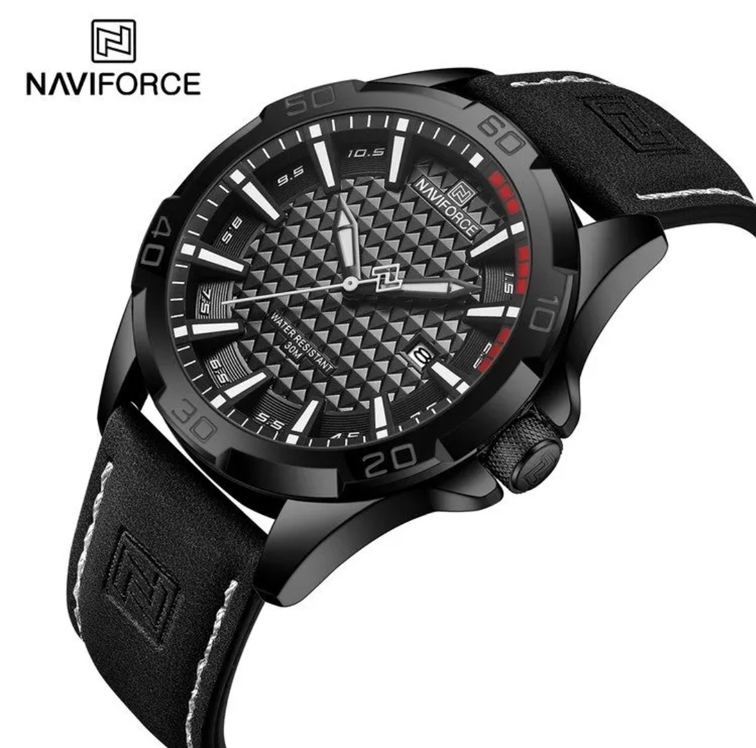 Naviforce 8023 Gents Belt Watch- Black Dial with White Markings- Black Bezel- Black Belt- TF Code NF827BM_img_3