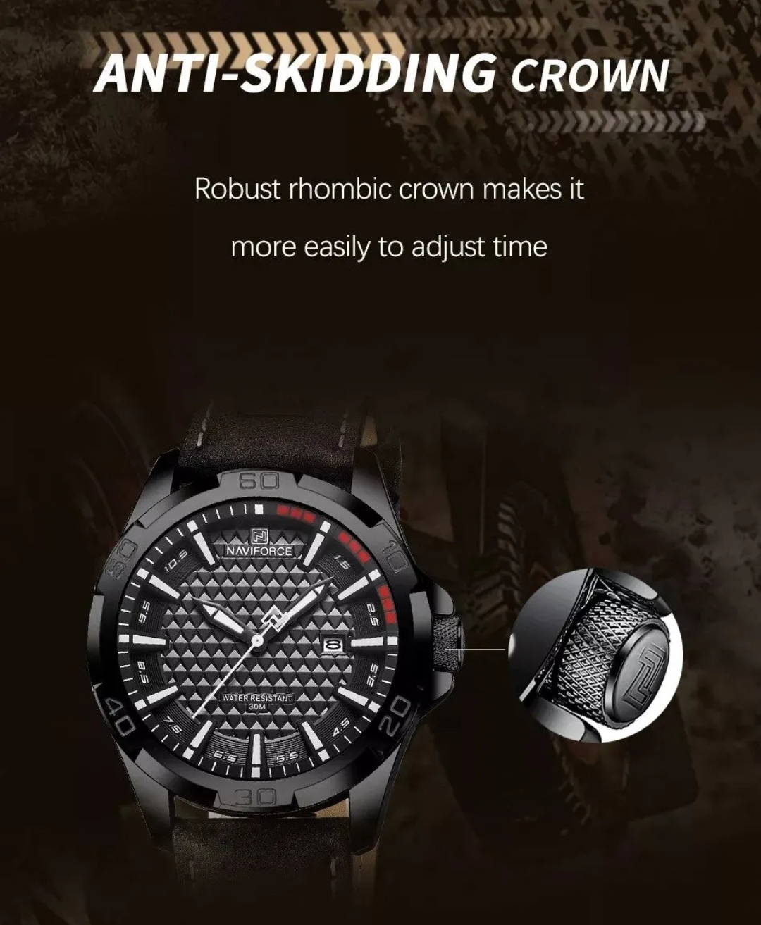 Naviforce 8023 Gents Belt Watch- Black Dial with White Markings- Black Bezel- Black Belt- TF Code NF827BM_img_4