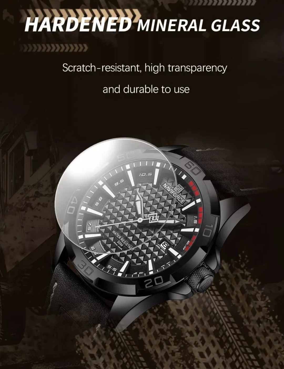 Naviforce 8023 Gents Belt Watch- Black Dial with White Markings- Black Bezel- Black Belt- TF Code NF827BM_img_5