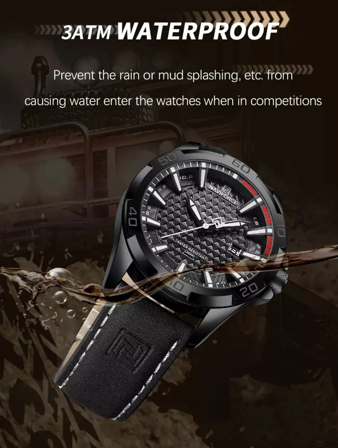 Naviforce 8023 Gents Belt Watch- Black Dial with White Markings- Black Bezel- Black Belt- TF Code NF827BM_img_6