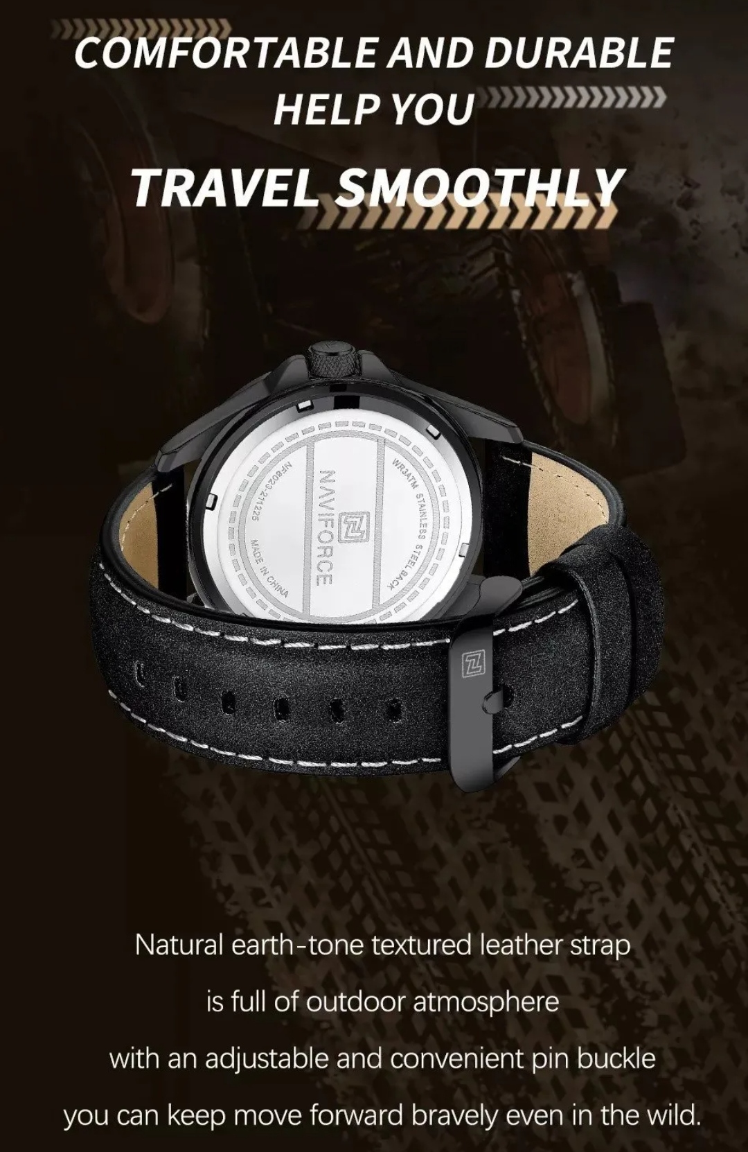 Naviforce 8023 Gents Belt Watch- Black Dial with White Markings- Black Bezel- Black Belt- TF Code NF827BM_img_11