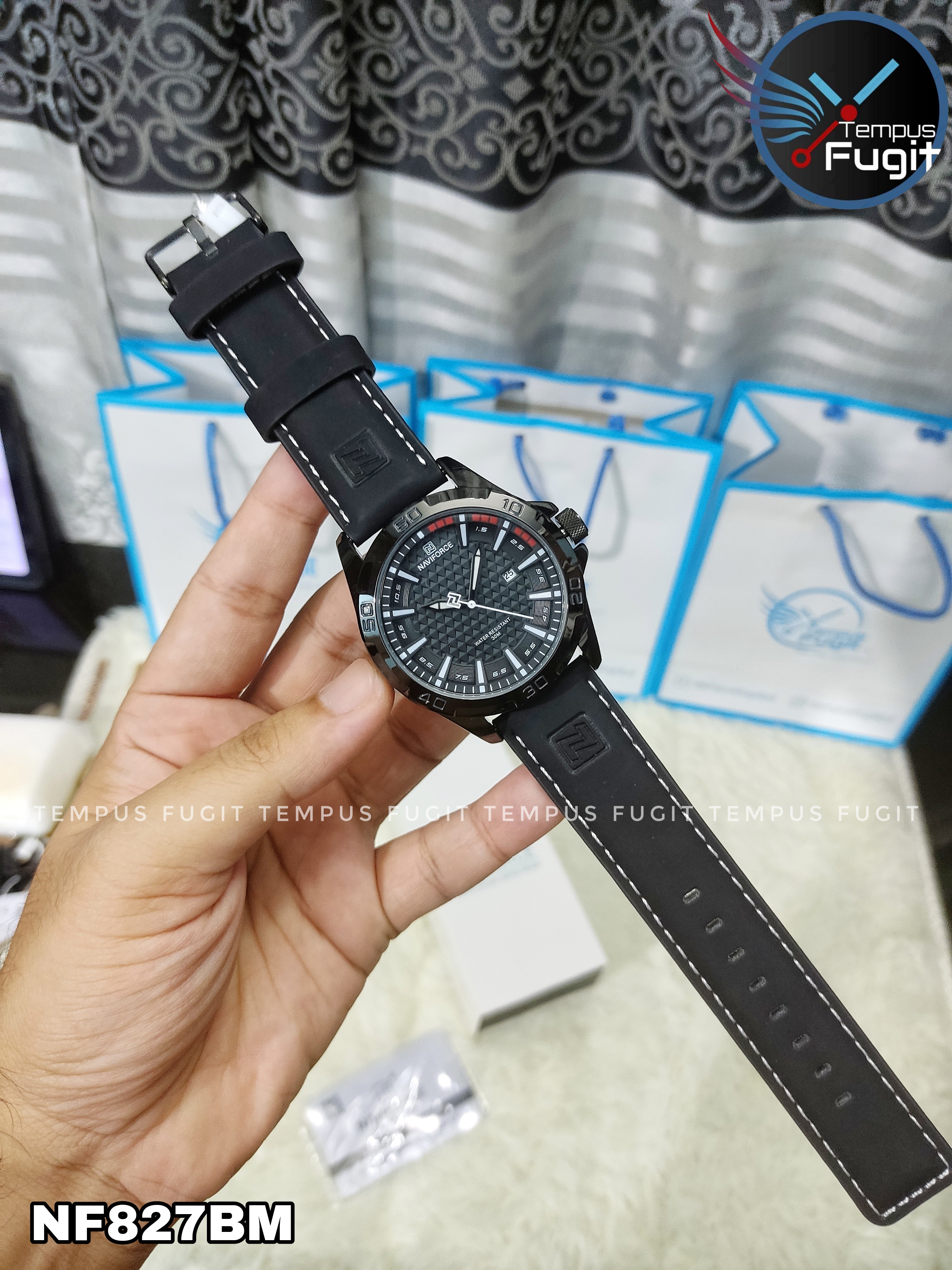 Naviforce 8023 Gents Belt Watch- Black Dial with White Markings- Black Bezel- Black Belt- TF Code NF827BM_img_12