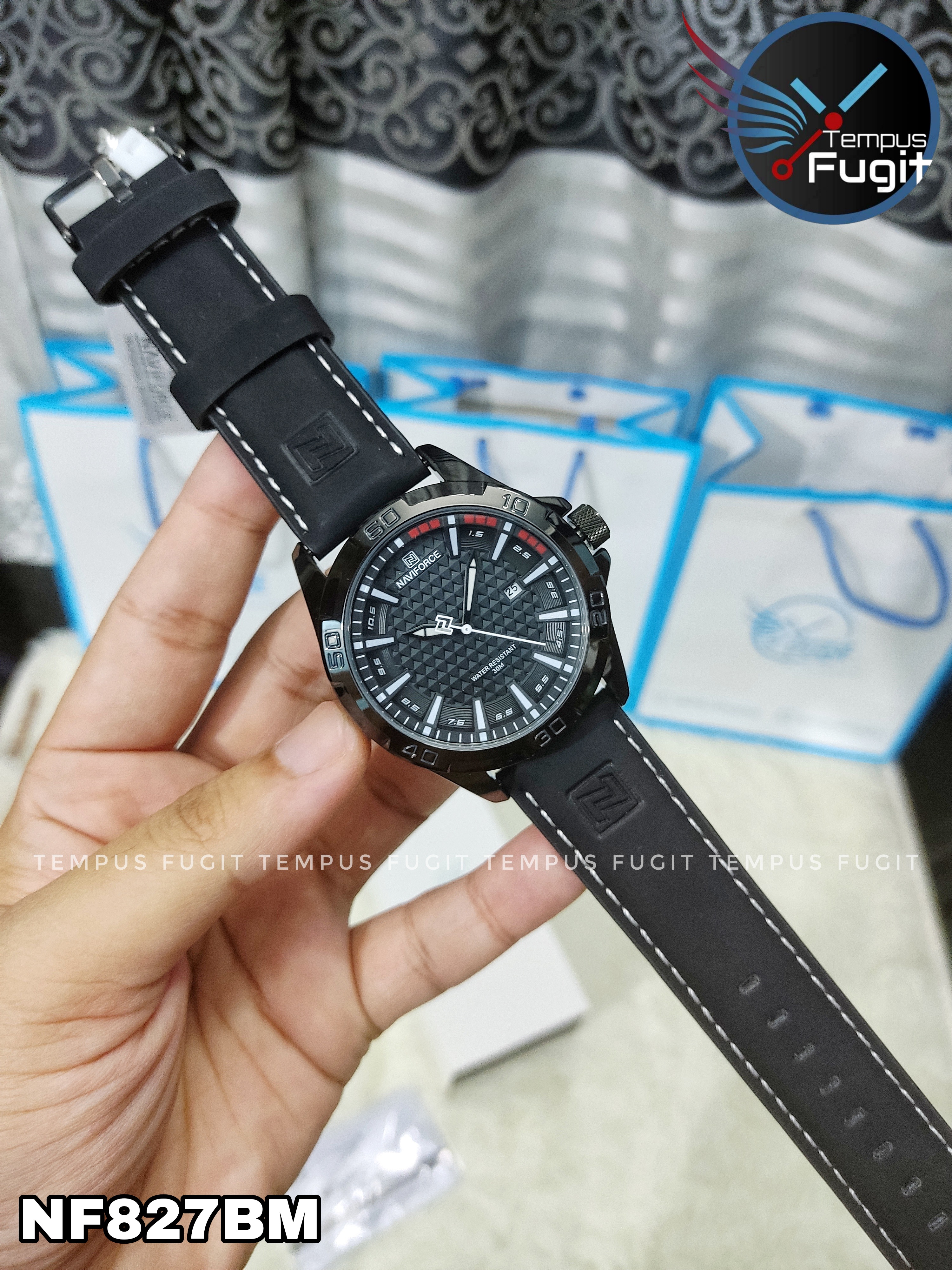 Naviforce 8023 Gents Belt Watch- Black Dial with White Markings- Black Bezel- Black Belt- TF Code NF827BM_img_13