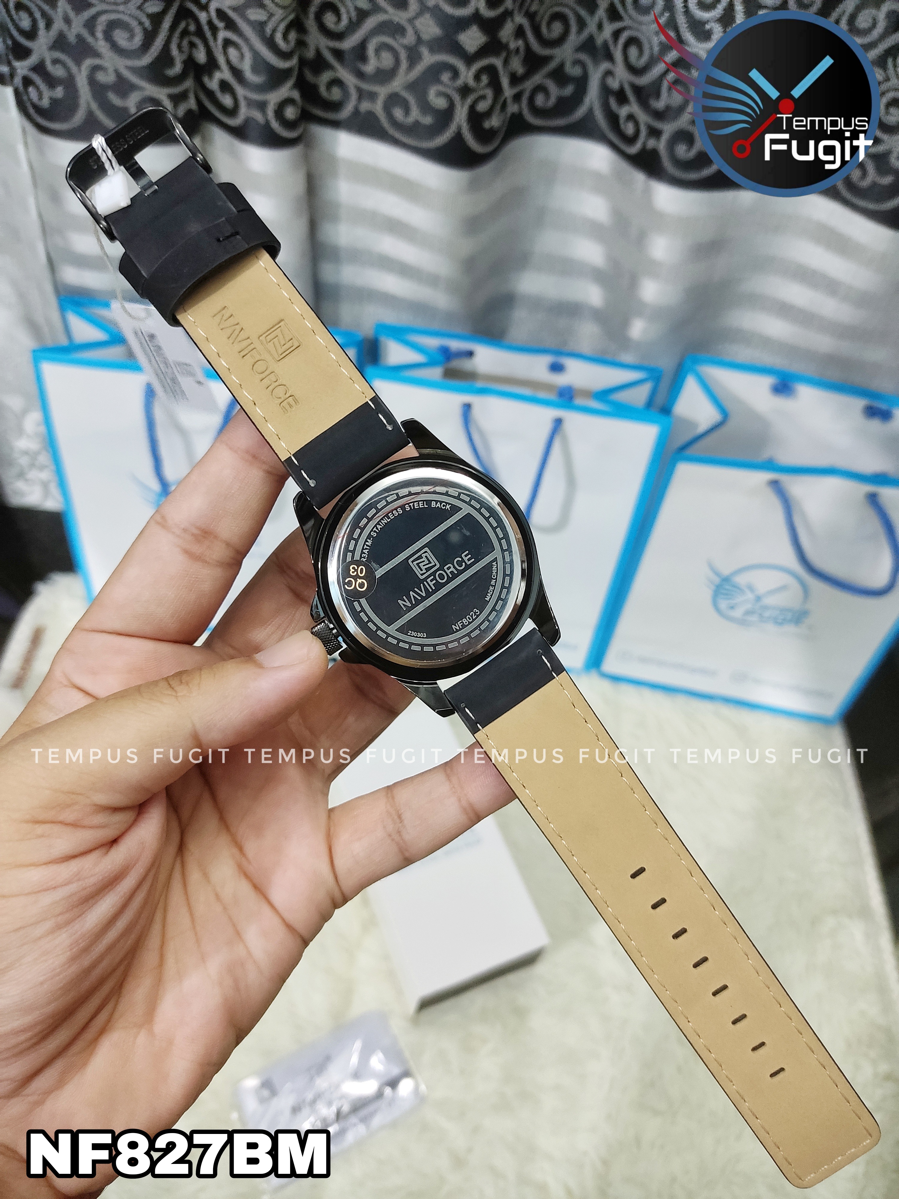 Naviforce 8023 Gents Belt Watch- Black Dial with White Markings- Black Bezel- Black Belt- TF Code NF827BM_img_17