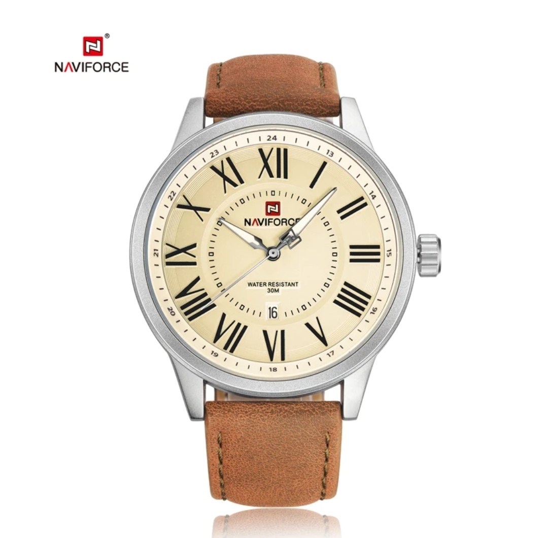 Naviforce 9126 Gents Belt Watch- Cream Color Dial- Silver Bezel- Brown Belt- TF Code NF175BM_img_0