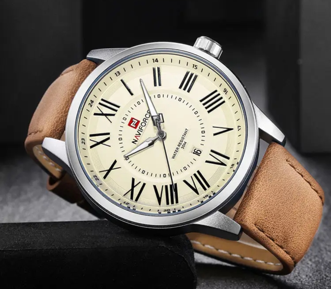 Naviforce 9126 Gents Belt Watch- Cream Color Dial- Silver Bezel- Brown Belt- TF Code NF175BM_img_1