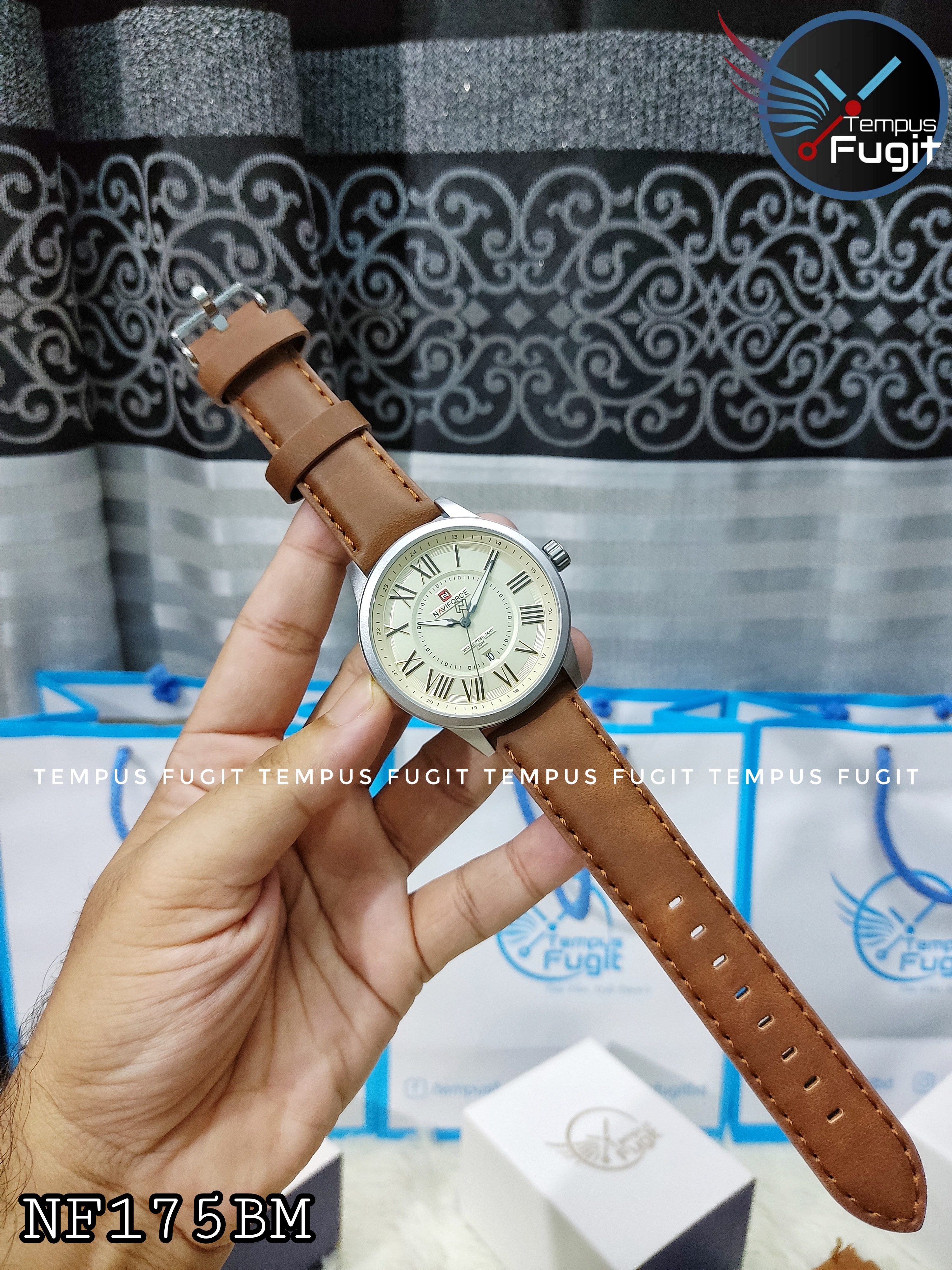 Naviforce 9126 Gents Belt Watch- Cream Color Dial- Silver Bezel- Brown Belt- TF Code NF175BM_img_2