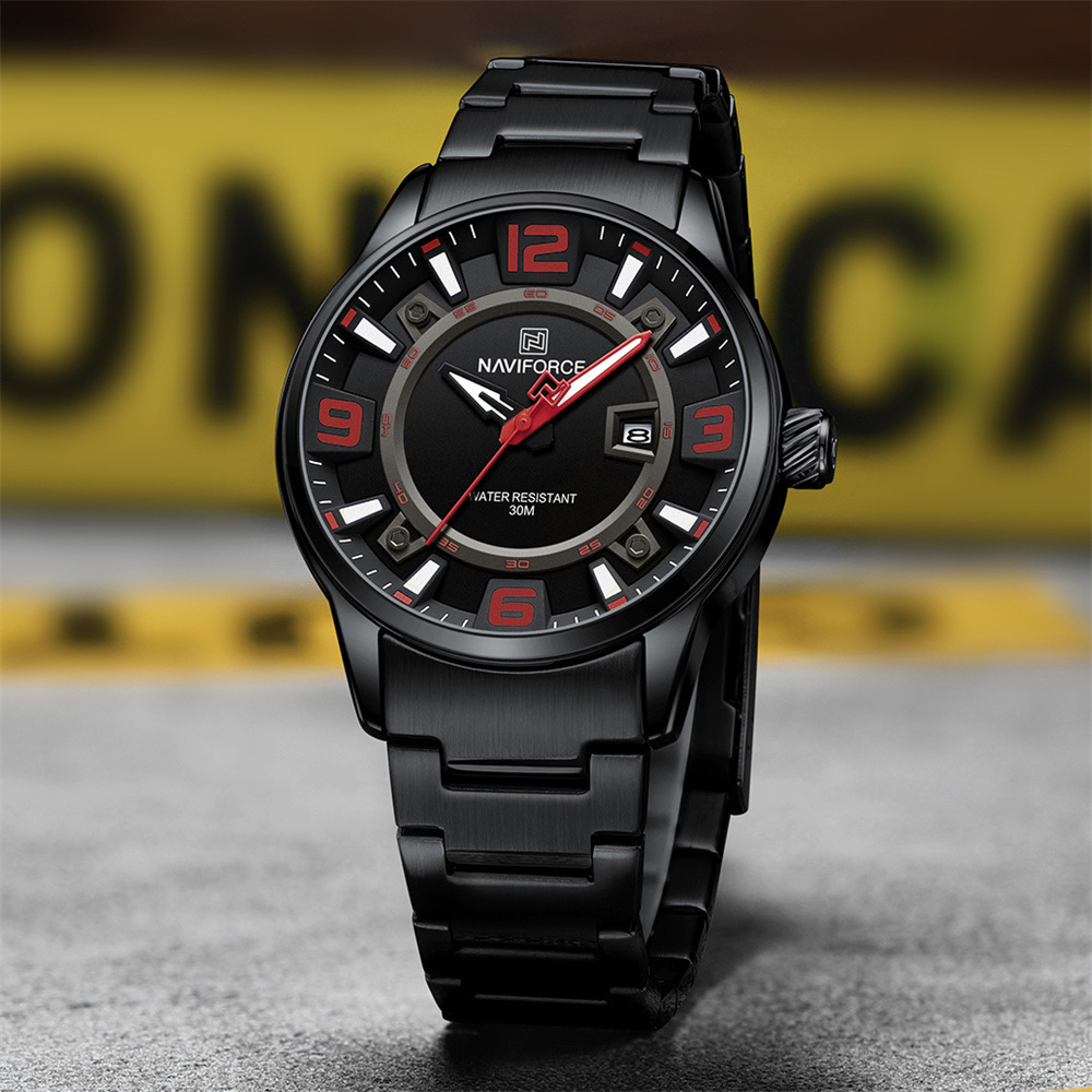 Naviforce 8044 Gents Chain Watch - Black Dial with Red Marking- Black Bezel- Black Chain- TF Code NF980CM_img_2