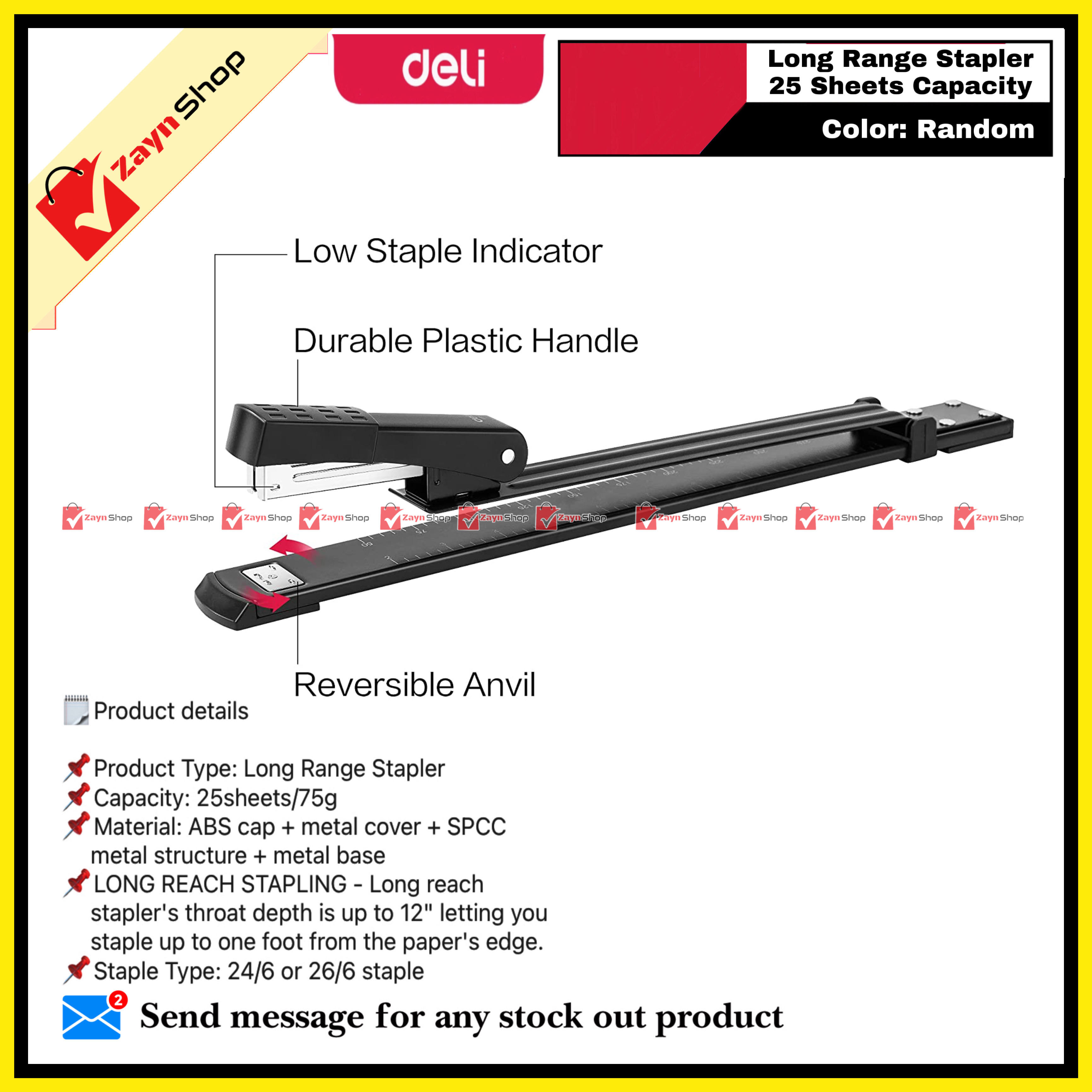 Deli Long Range Stapler 25 Sheets Capacity 0334 Random color 1pcs_img_0