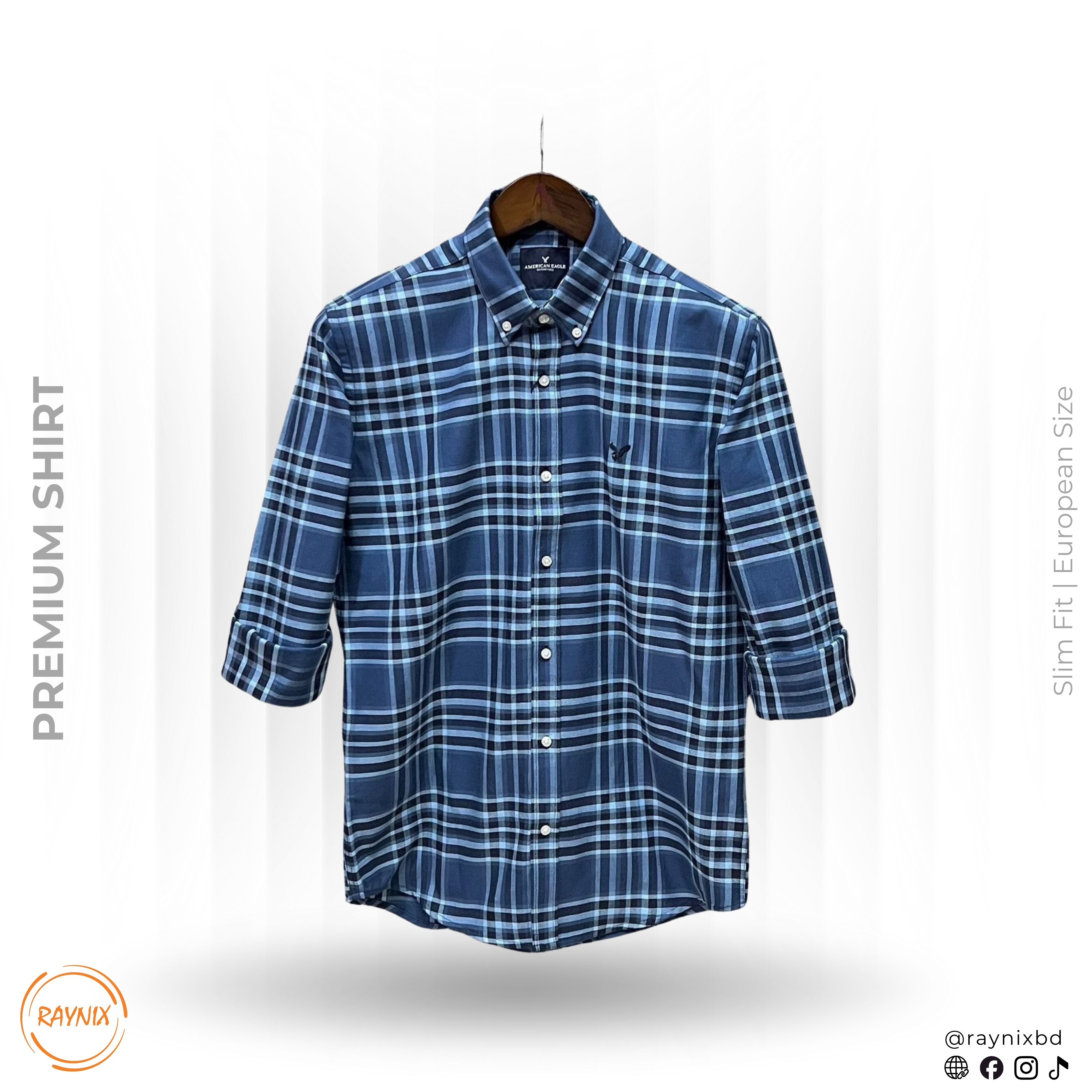 American Eagle Men’s Premium Blue Plaid Slim-Fit Casual Shirt