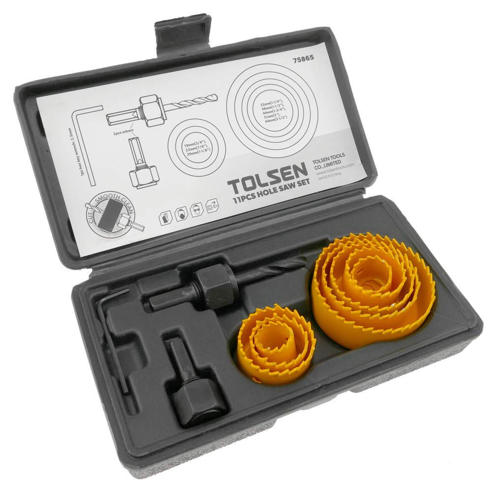 TOLSEN 75865 11Pcs Hole Saw Set, 8 Sizes (19-64mm), 2 Arbors, Hex Key, Blow Mold Case | Model: 75865_img_1