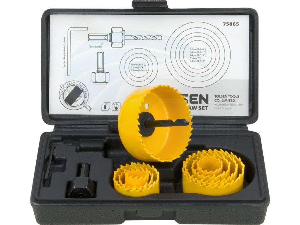TOLSEN 75865 11Pcs Hole Saw Set, 8 Sizes (19-64mm), 2 Arbors, Hex Key, Blow Mold Case | Model: 75865_img_3