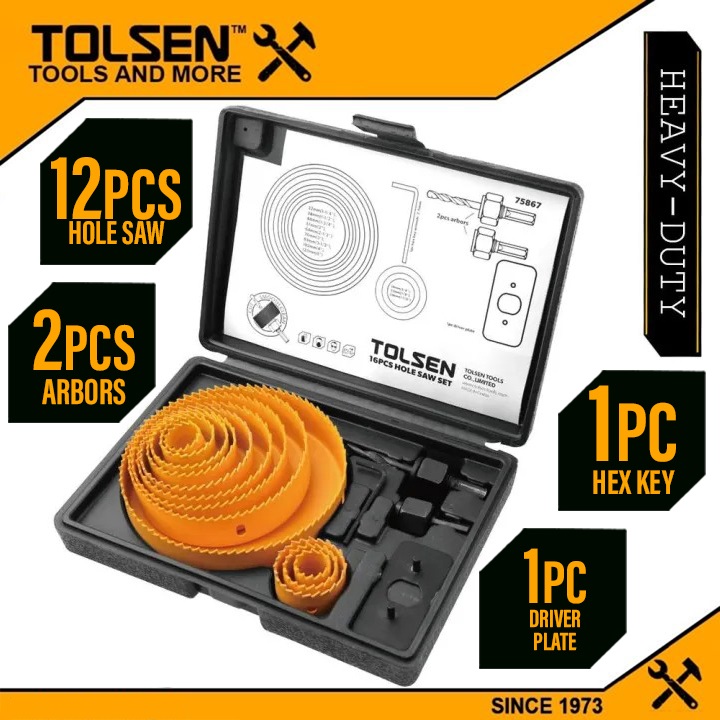 TOLSEN 75865 11Pcs Hole Saw Set, 8 Sizes (19-64mm), 2 Arbors, Hex Key, Blow Mold Case | Model: 75865_img_4