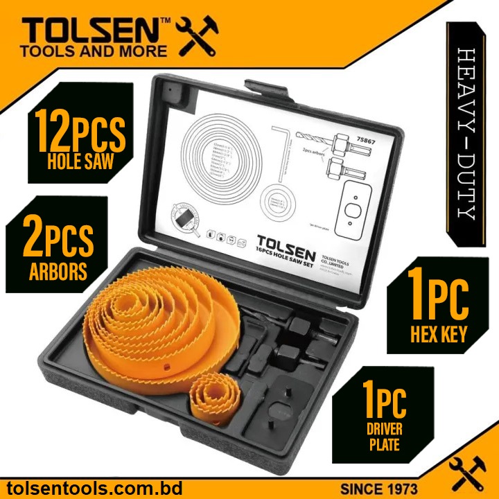 TOLSEN 16Pcs Hole Saw Set Drill Bit Kits for Plywood Drywall Wood Plastic 75867
