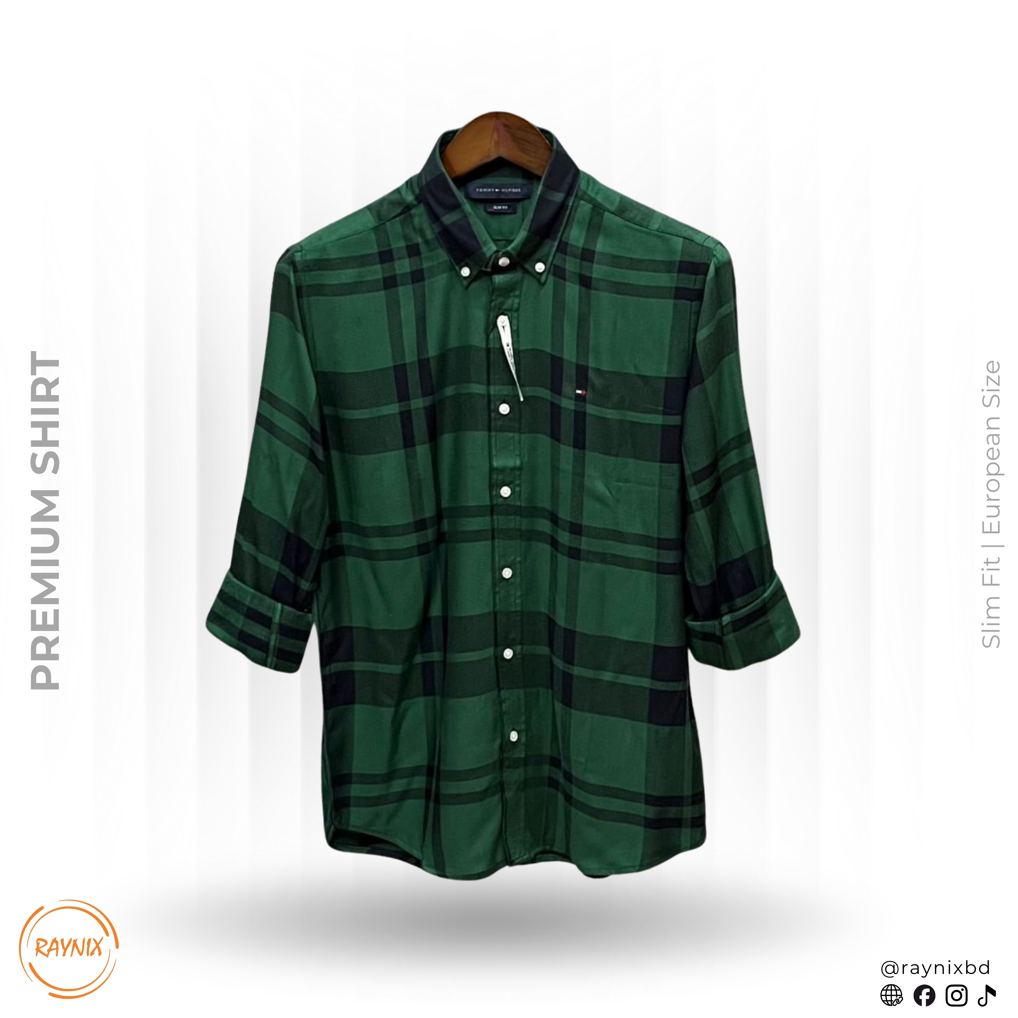 Tommy Hilfiger Men’s Premium Forest Green & Navy Plaid Slim-Fit Shirt