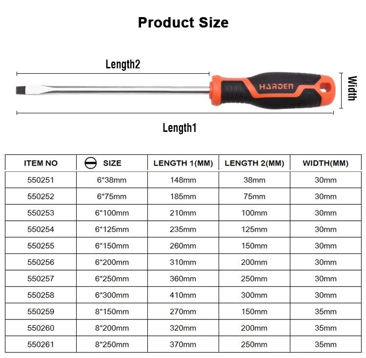 HARDEN Slotted Magnetic Screwdriver ( 1.5" | 4" | 6" | 8" | 10" | 12" ), Flat Screw driver with strong magnet & CRV; Model: 550251 | 550253 | 550255 | 550256 |  550257 | 550258_img_6