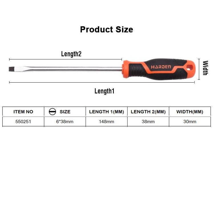 HARDEN Slotted Magnetic Screwdriver ( 1.5" | 4" | 6" | 8" | 10" | 12" ), Flat Screw driver with strong magnet & CRV; Model: 550251 | 550253 | 550255 | 550256 |  550257 | 550258_img_8