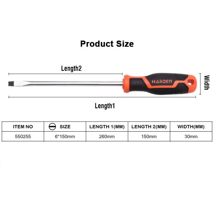 HARDEN Slotted Magnetic Screwdriver ( 1.5" | 4" | 6" | 8" | 10" | 12" ), Flat Screw driver with strong magnet & CRV; Model: 550251 | 550253 | 550255 | 550256 |  550257 | 550258_img_12