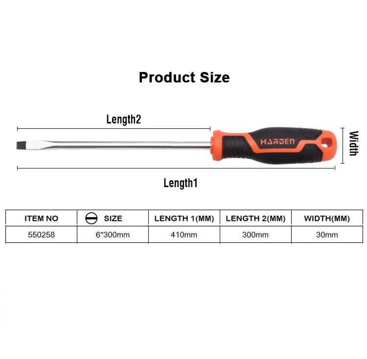 HARDEN Slotted Magnetic Screwdriver ( 1.5" | 4" | 6" | 8" | 10" | 12" ), Flat Screw driver with strong magnet & CRV; Model: 550251 | 550253 | 550255 | 550256 |  550257 | 550258_img_18