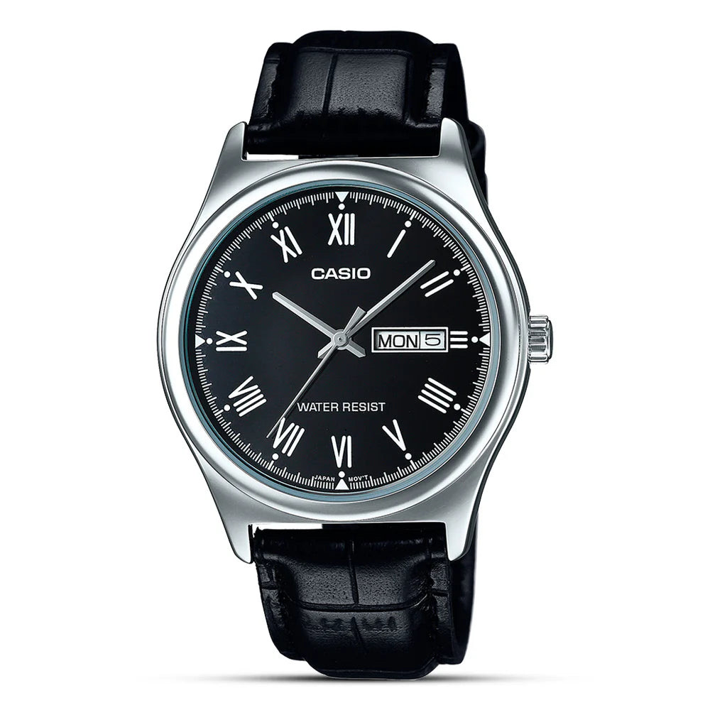 Casio V006L-1B Men’s 40 mm Quartz Analog Watch – Black Dial & Leather Strap