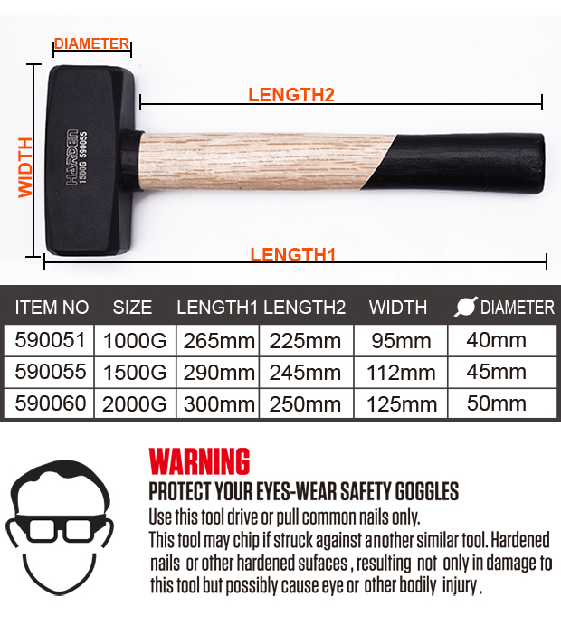 HARDEN Stoning Hammer ( 1.0Kg | 1.5Kg | 2.05Kg ) With Wood Handle; 590051 | 590055 | 590060_img_2