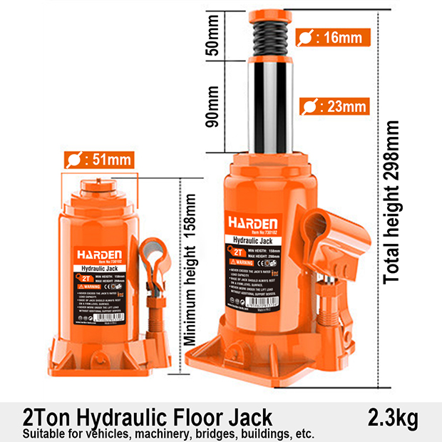 HARDEN Hydraulic Bottle Jack( 2 Ton |  3 Ton | 5 Ton | 10 Ton | 50 Ton ), Heavy Duty Car & Truck Lifting Jack; 730102