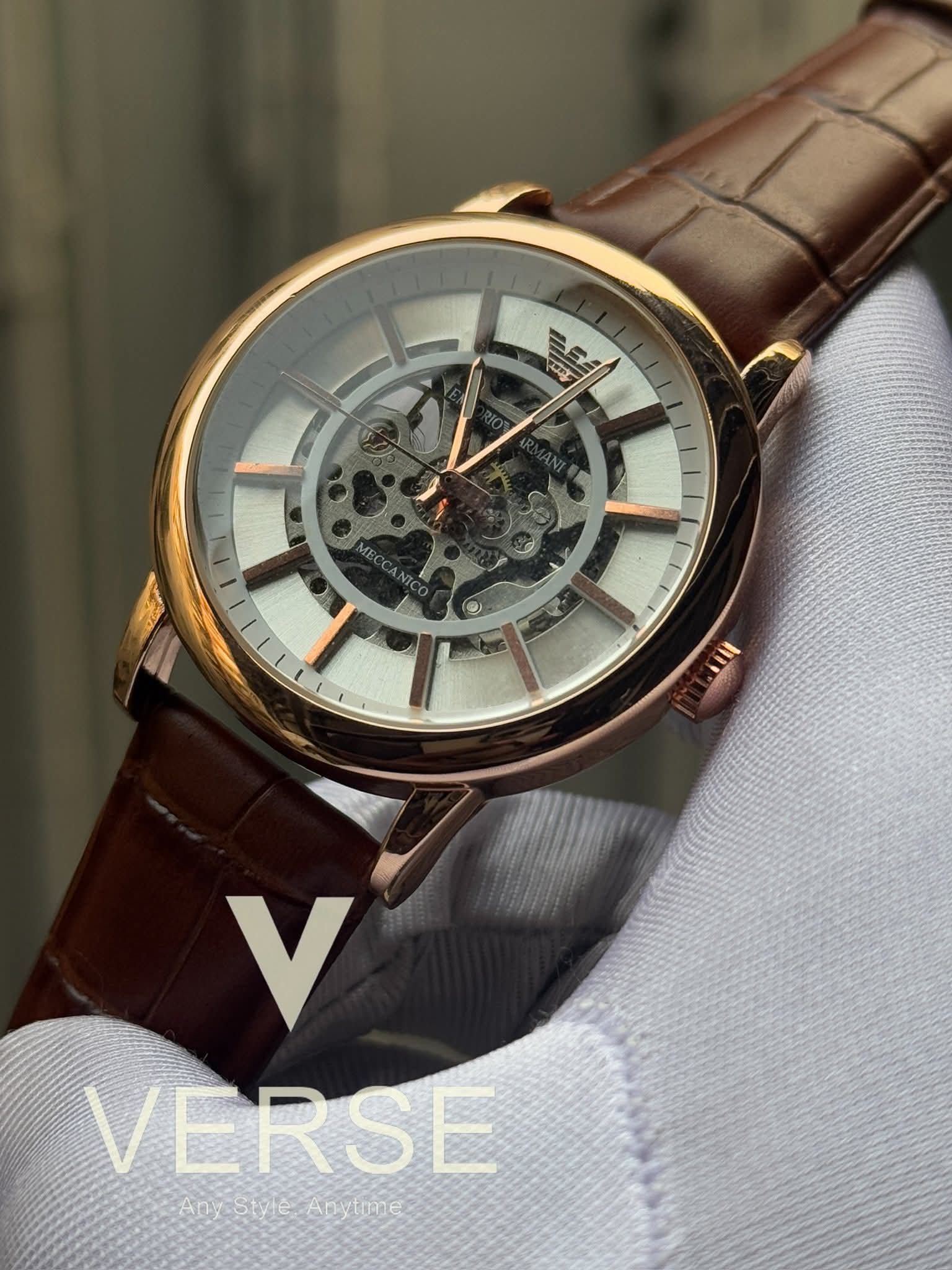 Armani Auto belt rose gold brown belt white dial