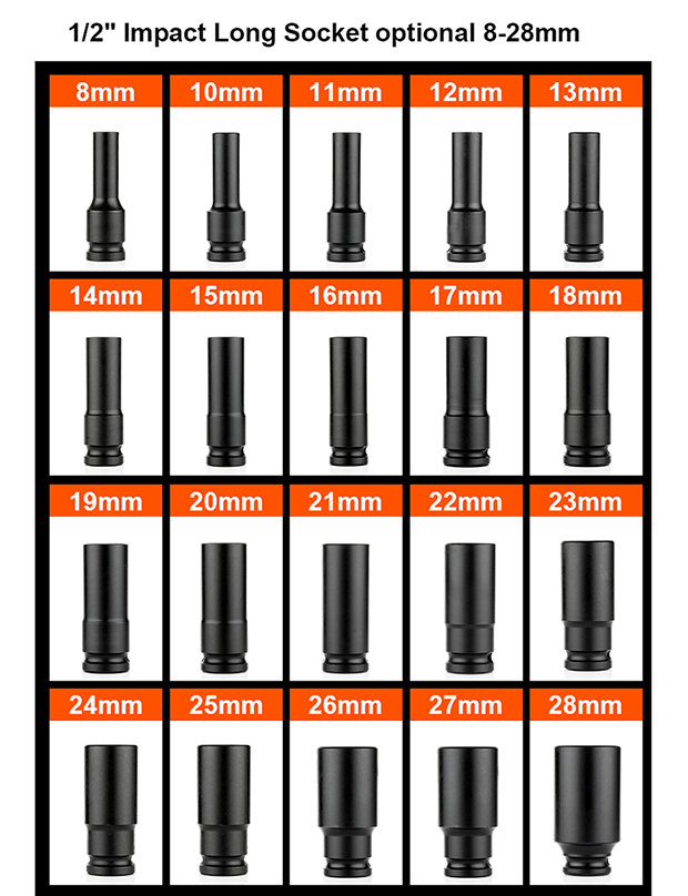 HARDEN 1/2" Drive Impact Deep Socket ( 8 | 10 | 11 | 12 | 13 | 14 | 15 | 16| 17 | 18 | 19| 20 | 21 | 22 | 23 | 24 | 25 | 26 | 27 | 28 mm ), Long Socket, 6PT; Model: 536538 to 536558_img_1